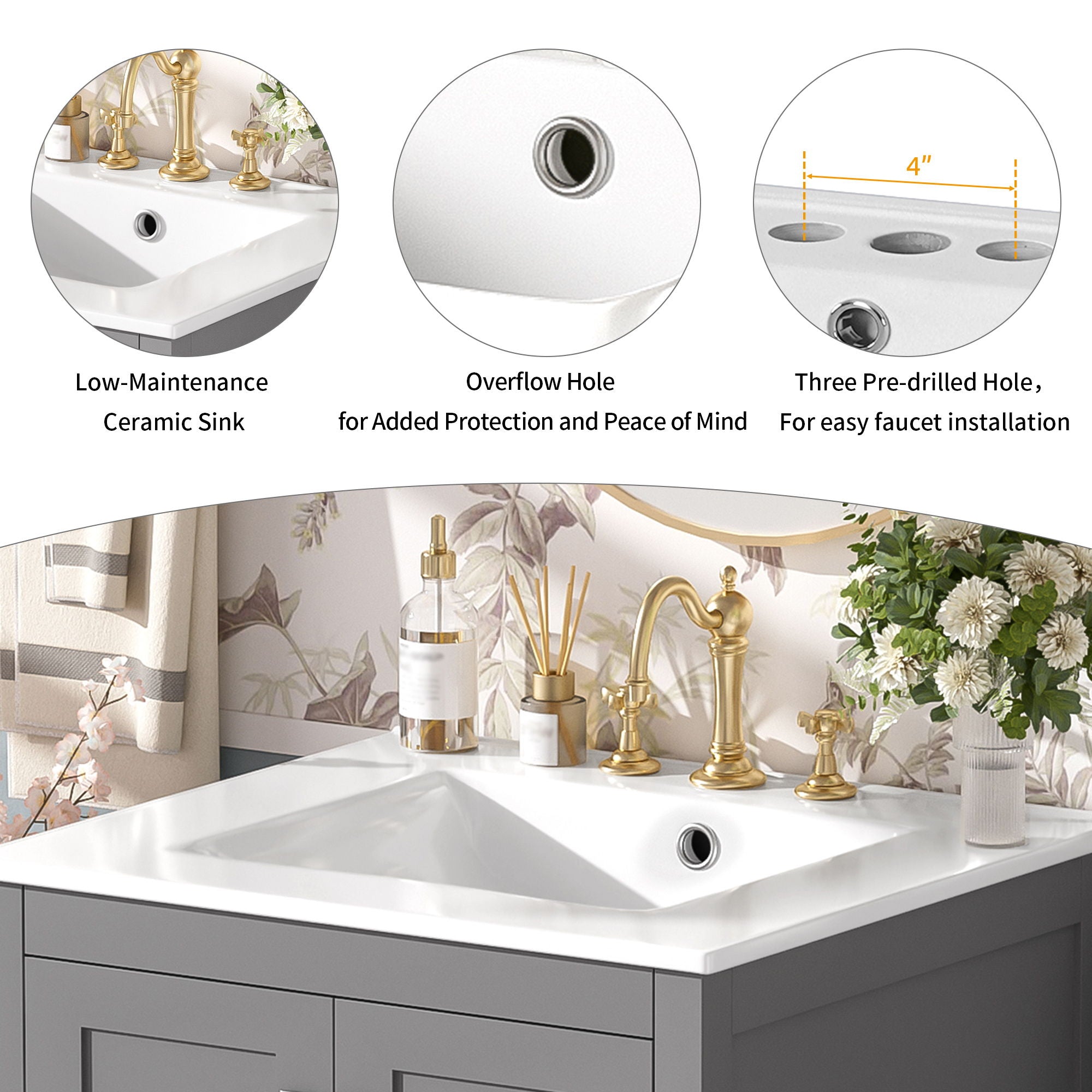 Bathroom Vanity With Integrated Undermount Ceramic Sink, 2 Doors And 1 Drawer, Soft Close Hinges