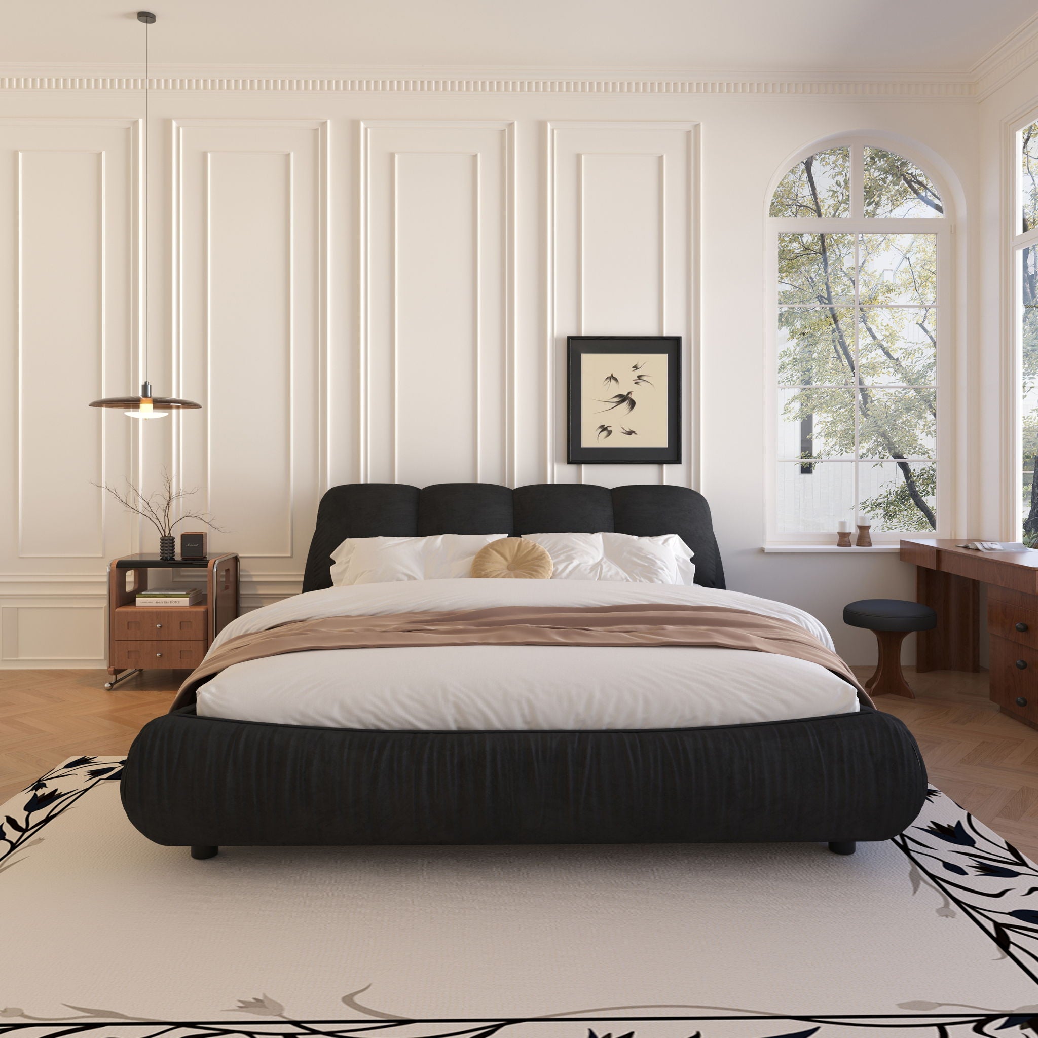 Luxury Upholstered Platform Bed With Oversized Padded Backrest And Solid Wood Frame