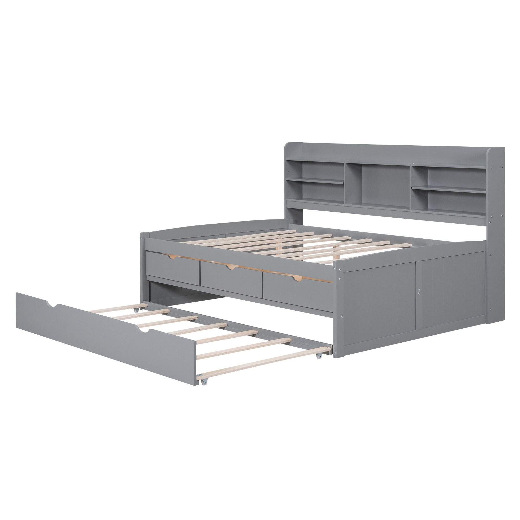 Captain Bed With Built In Bookshelves, 3 Storage Drawers, And Trundle