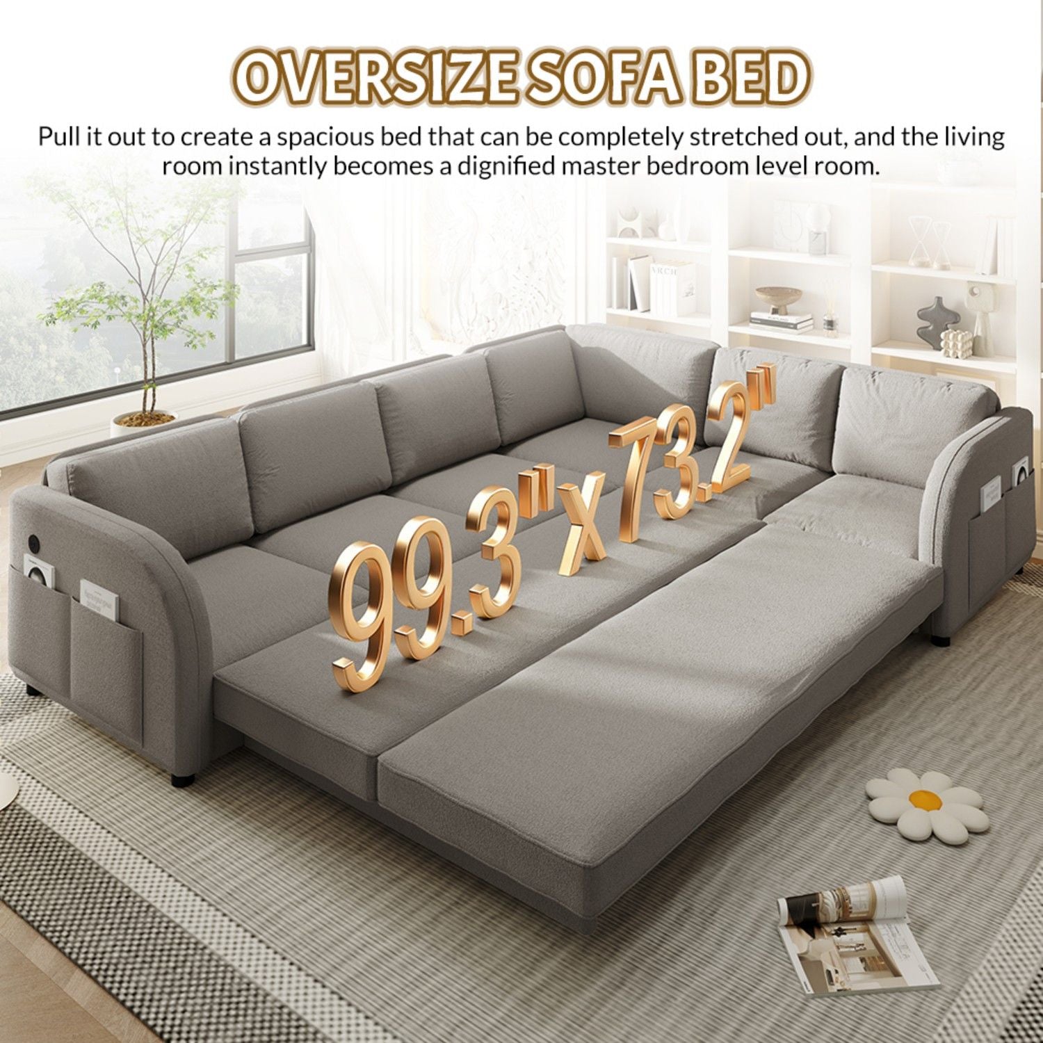 L-Shaped Couch With Pull-Out Bed, Convertible Sleeper Sofa With Side Pocket & USB Port