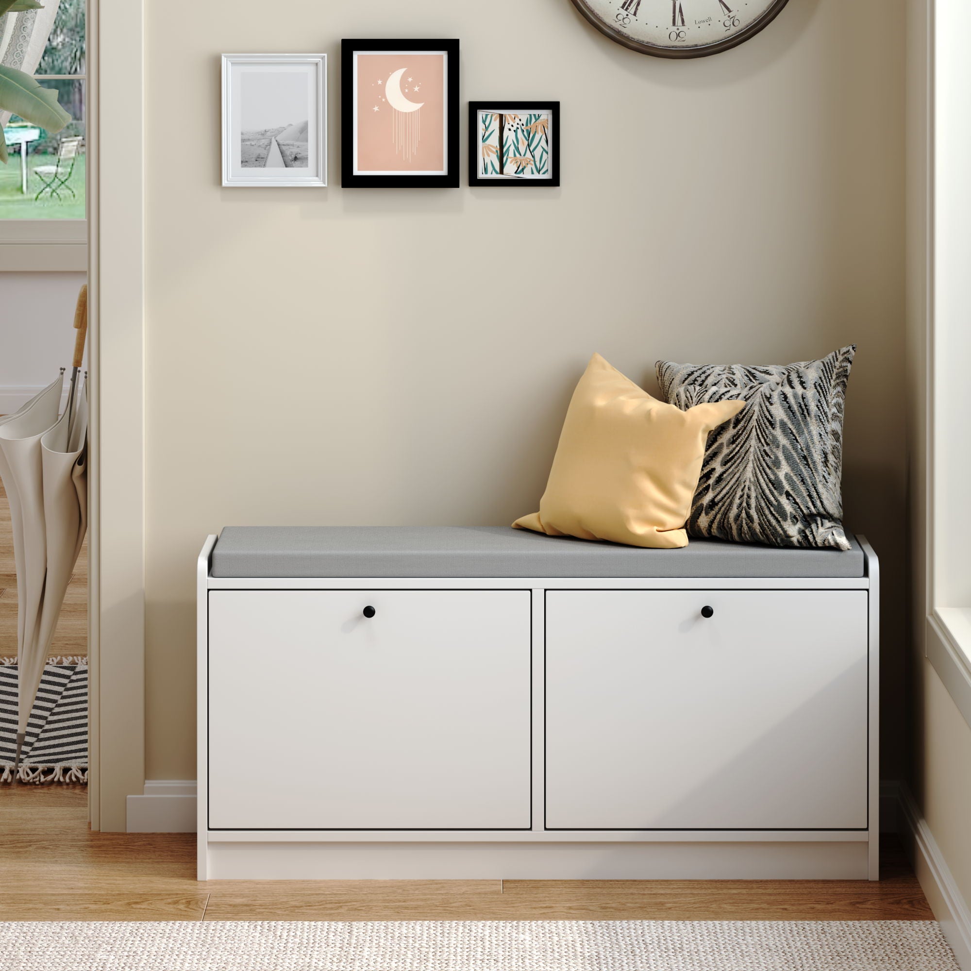 Shoe Storage Bench With Cushion, Entryway Organizer Cabinet For Hallway - White