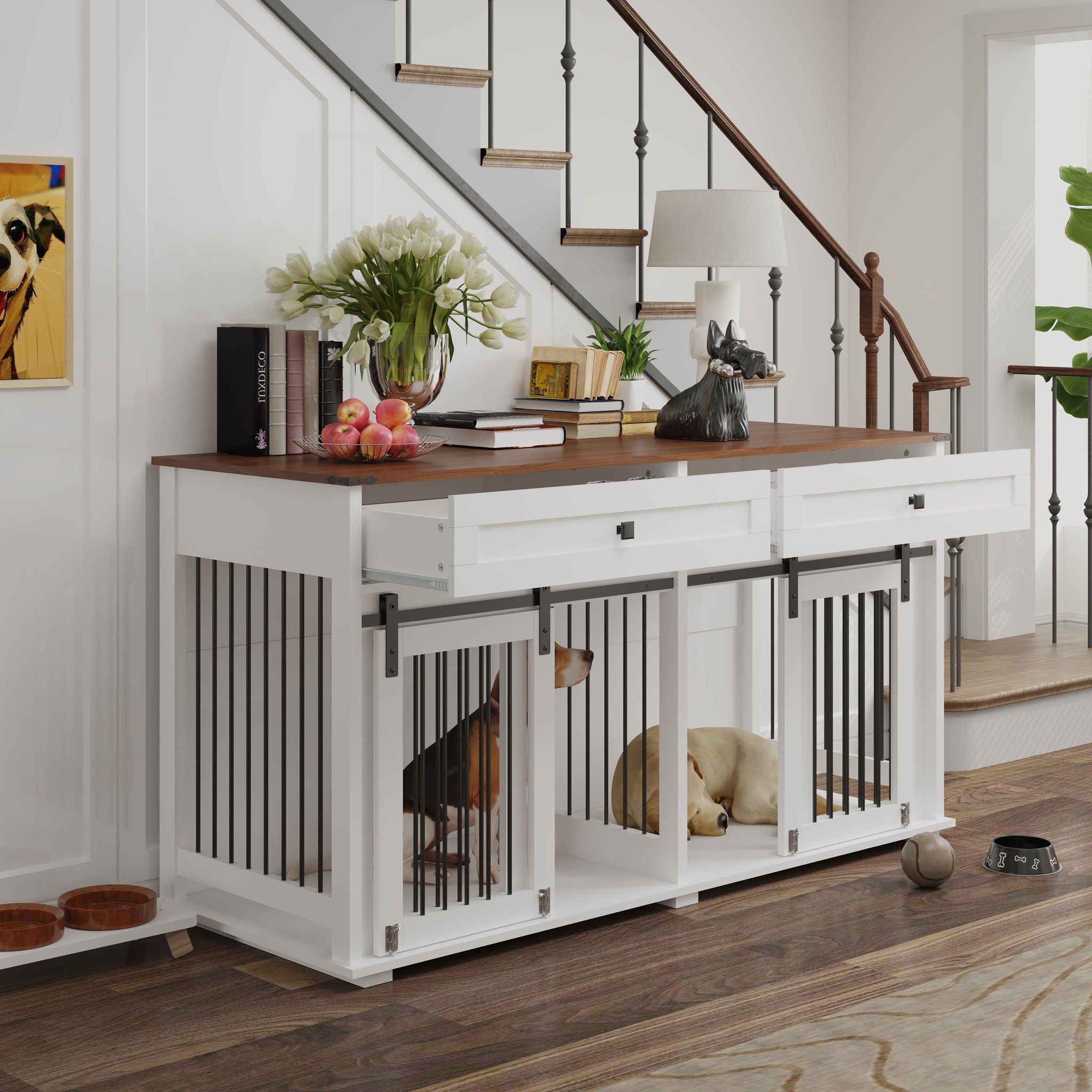 Large Dog Crate, Water Resistant Indoor Pets Furniture Double Dog Crates - Brown White