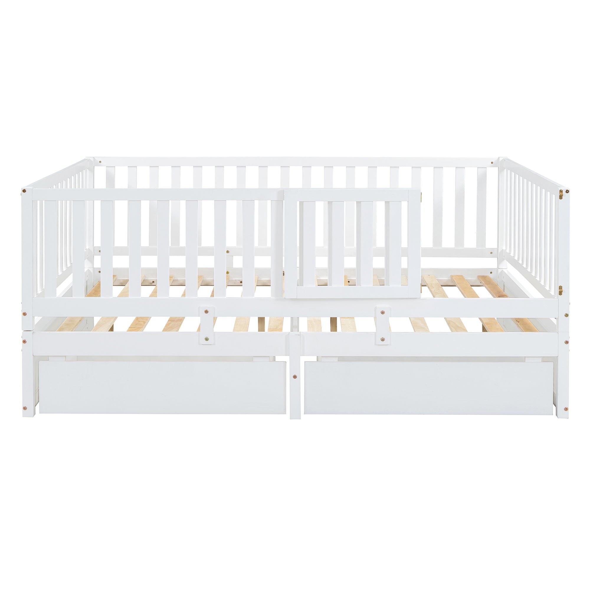 Daybed With Fence Guardrails And 2 Drawers, Split Into Independent Floor Bed & Daybed