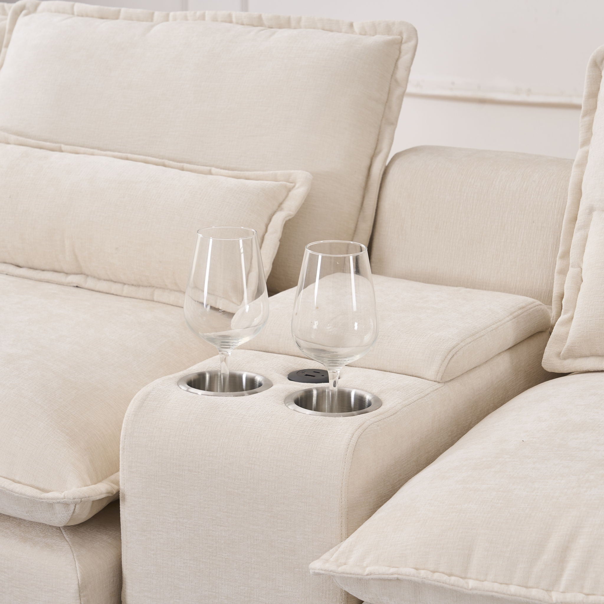 U Shaped Sofa With Console, Cupholders, USB Ports, 6 Seat, Bronzing Suede &