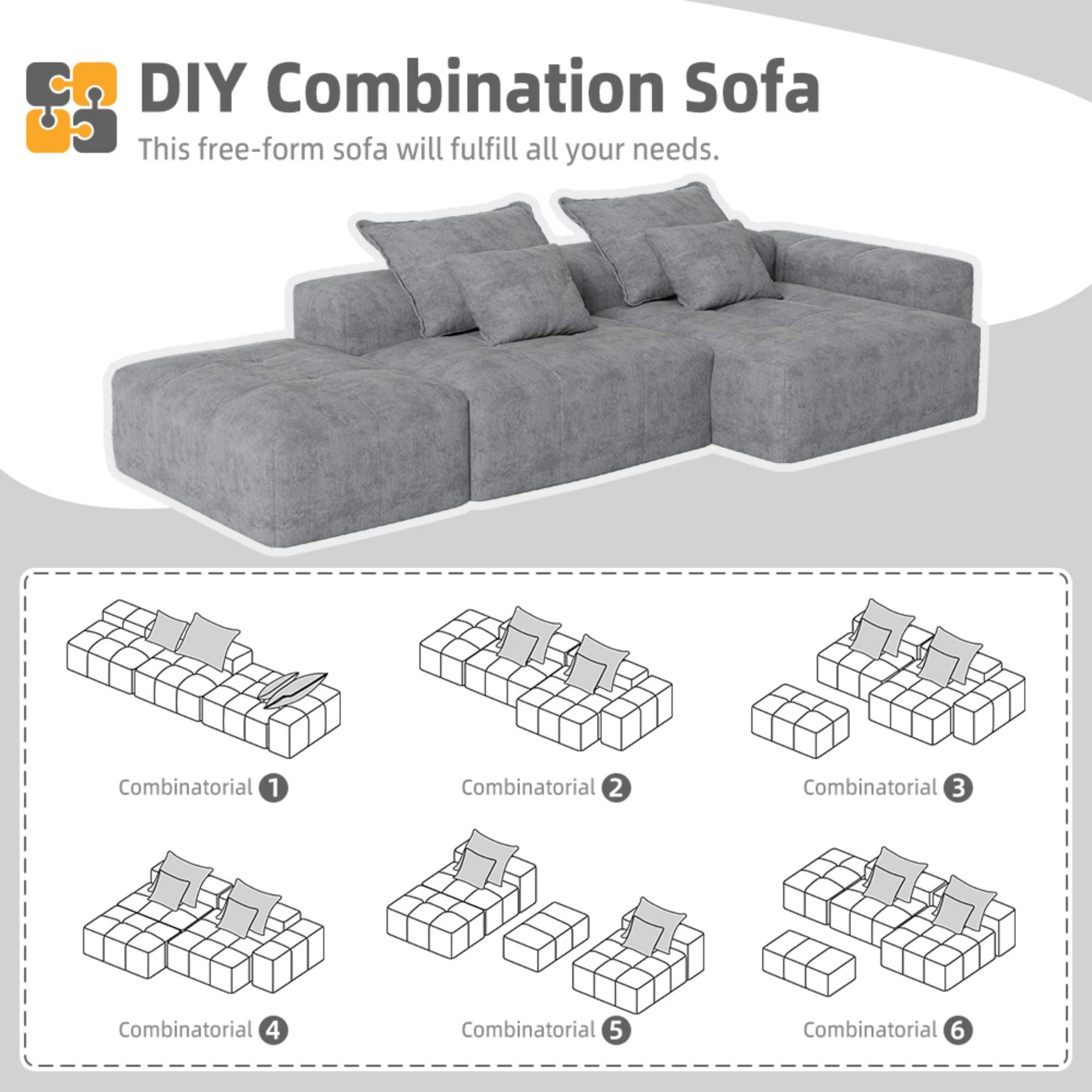 Modern Oversized Diy Combination Modular Sectional Sofa With Pillows