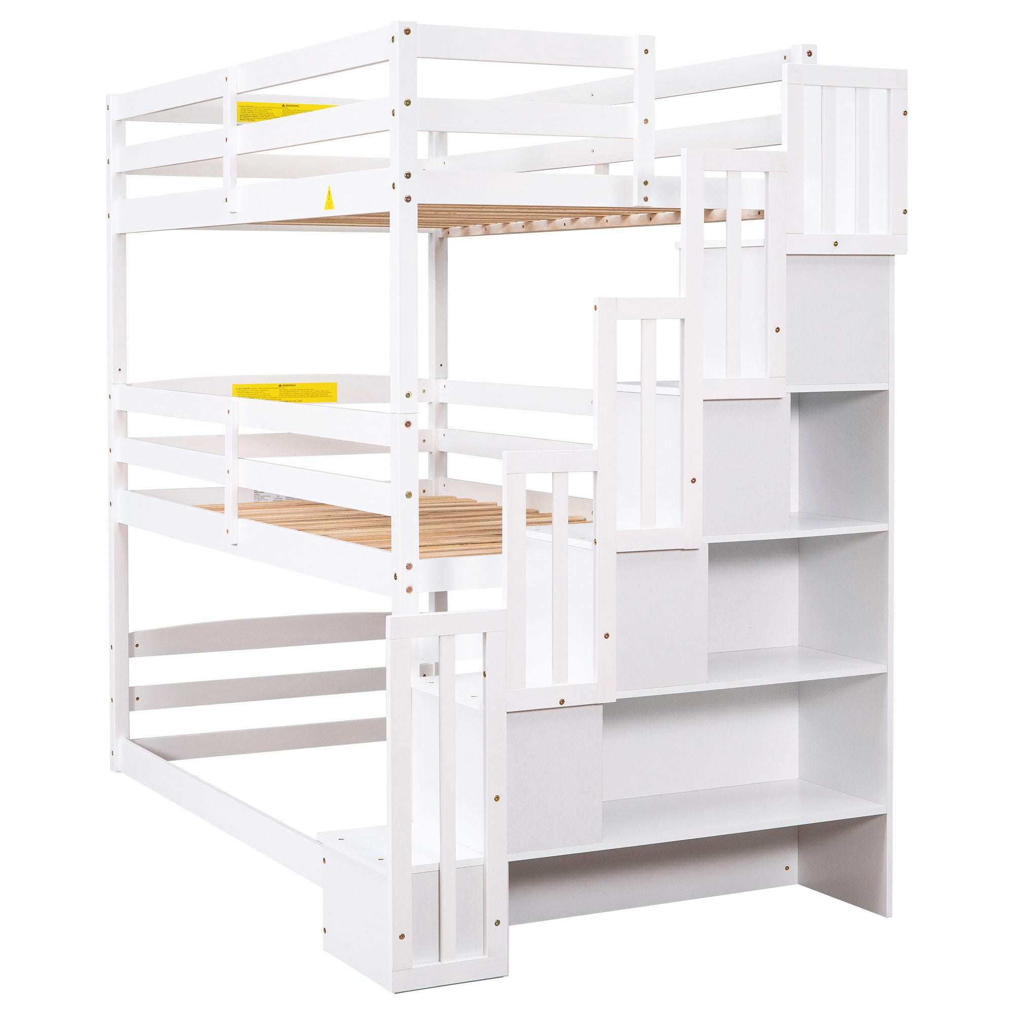 Twin Size Triple Bunk Bed With Storage Staircase, Separate Design - White