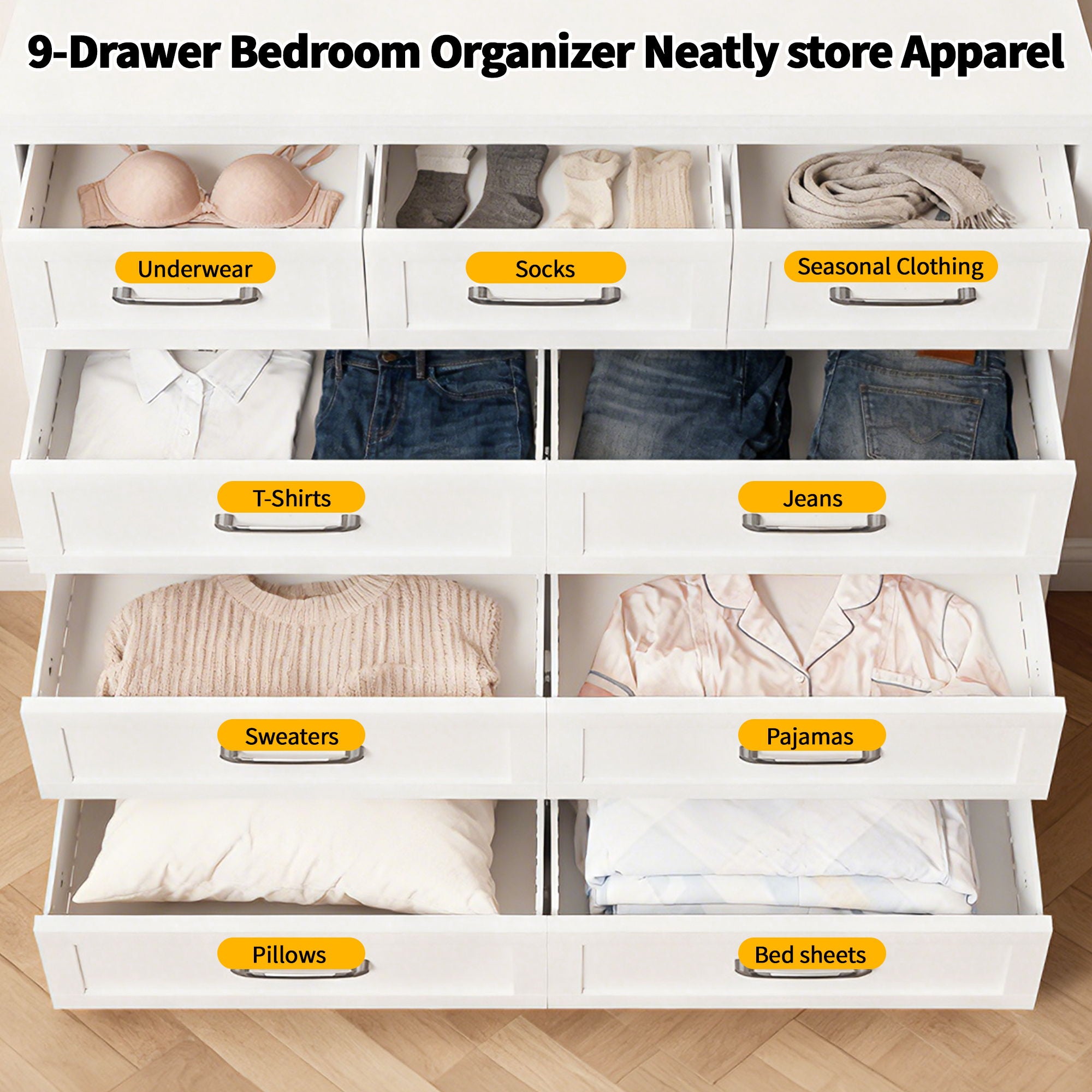 9-Drawer Tall Dresser With Smooth Gliding Drawers - White