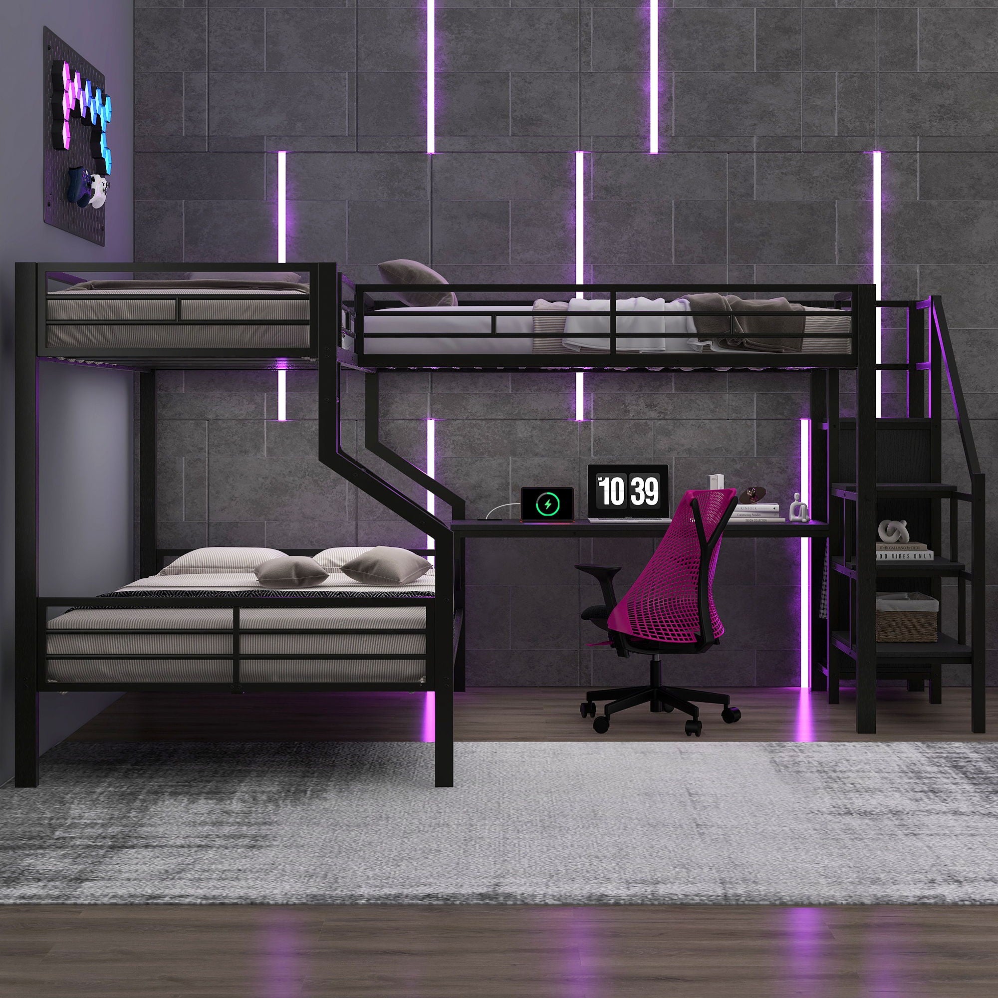 Twin Over Full L Shaped Bunk & Loft Bed With Built-In Wardrobe, Desk, And USB Ports - Black