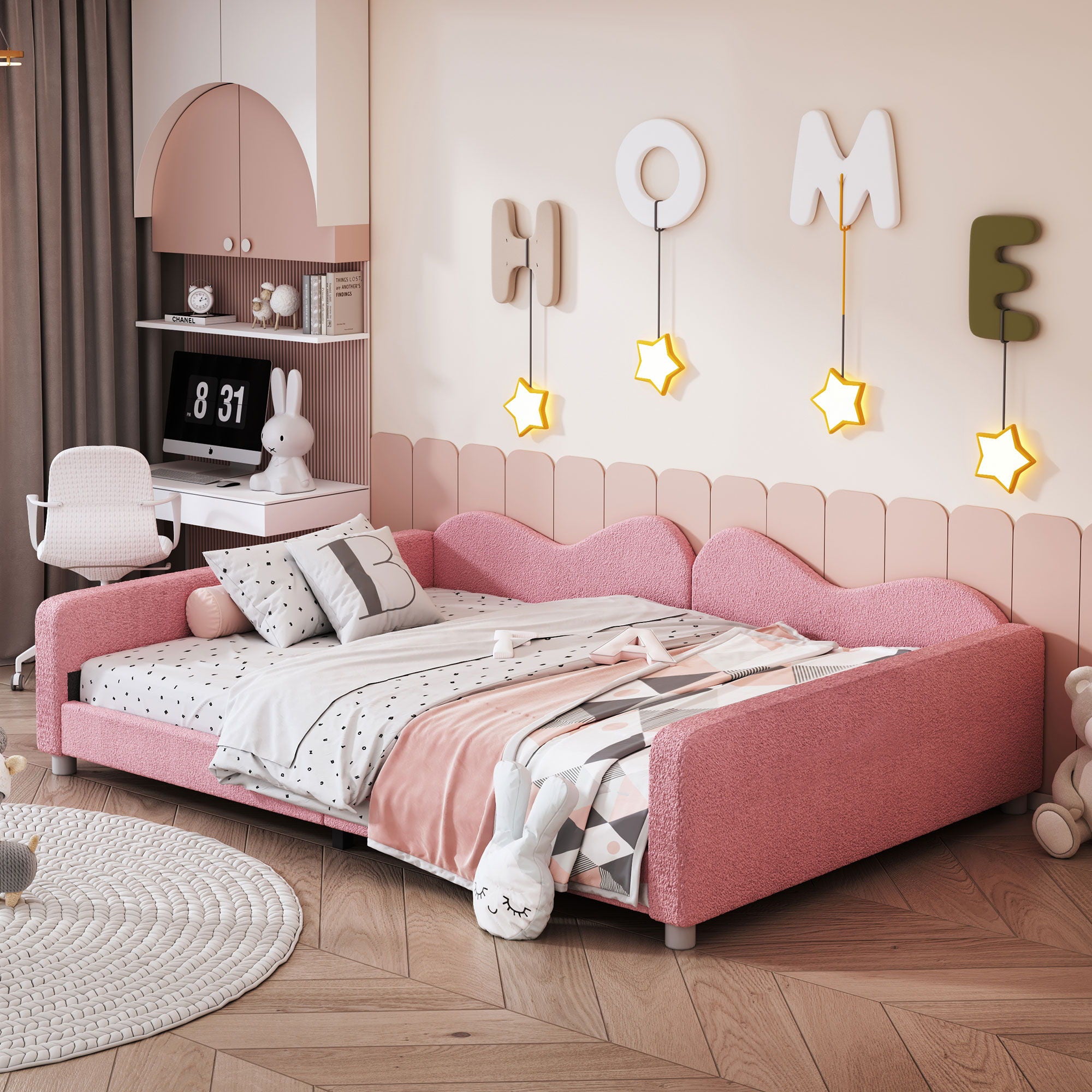 Upholstered Daybed, Sherpa Fabric Sofabed With Cloud-Shaped Backrest