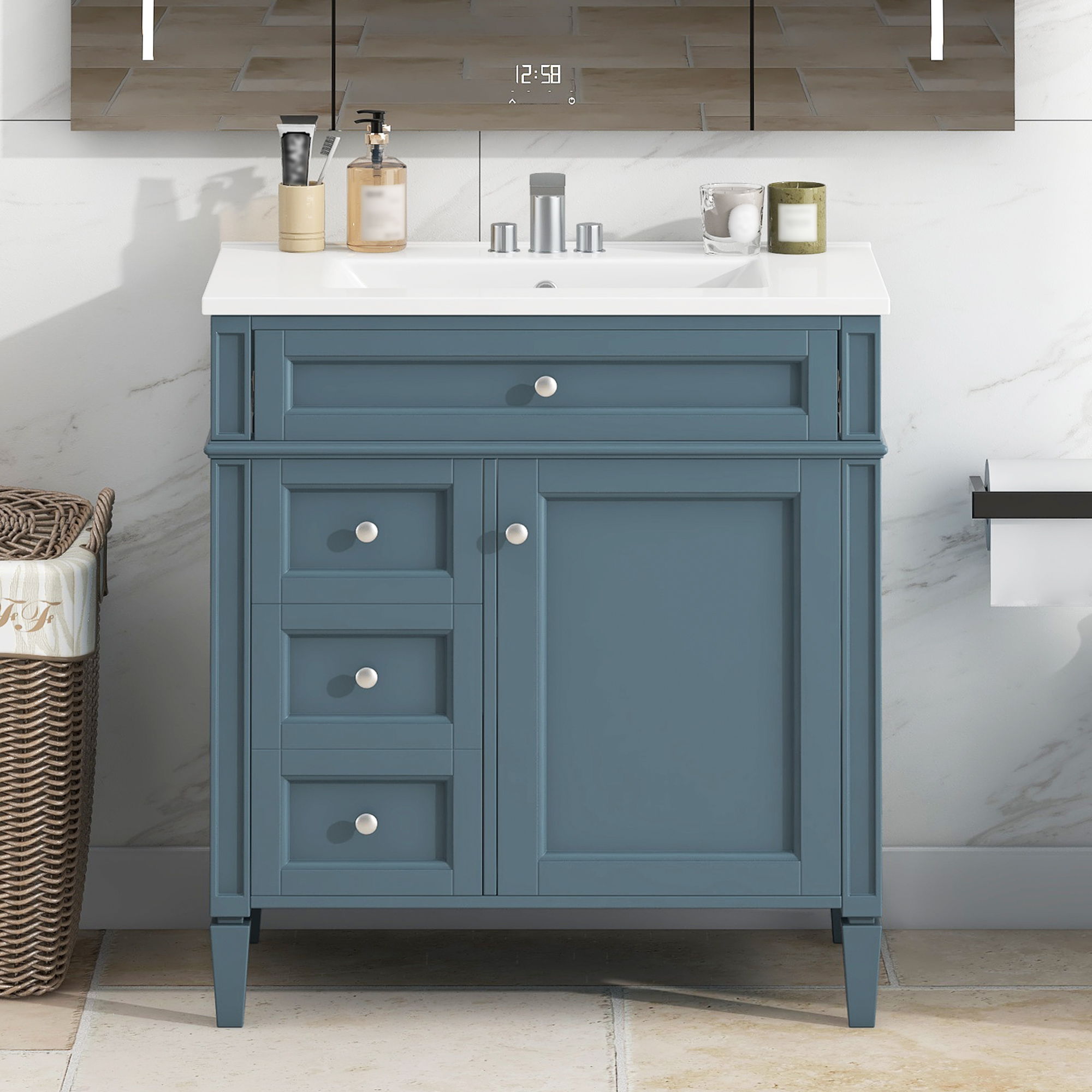 Bathroom Vanity With Top Sink, Storage Cabinet With 2 Drawers And Tip Out Drawer, Rectangular Design - Indigo Blue