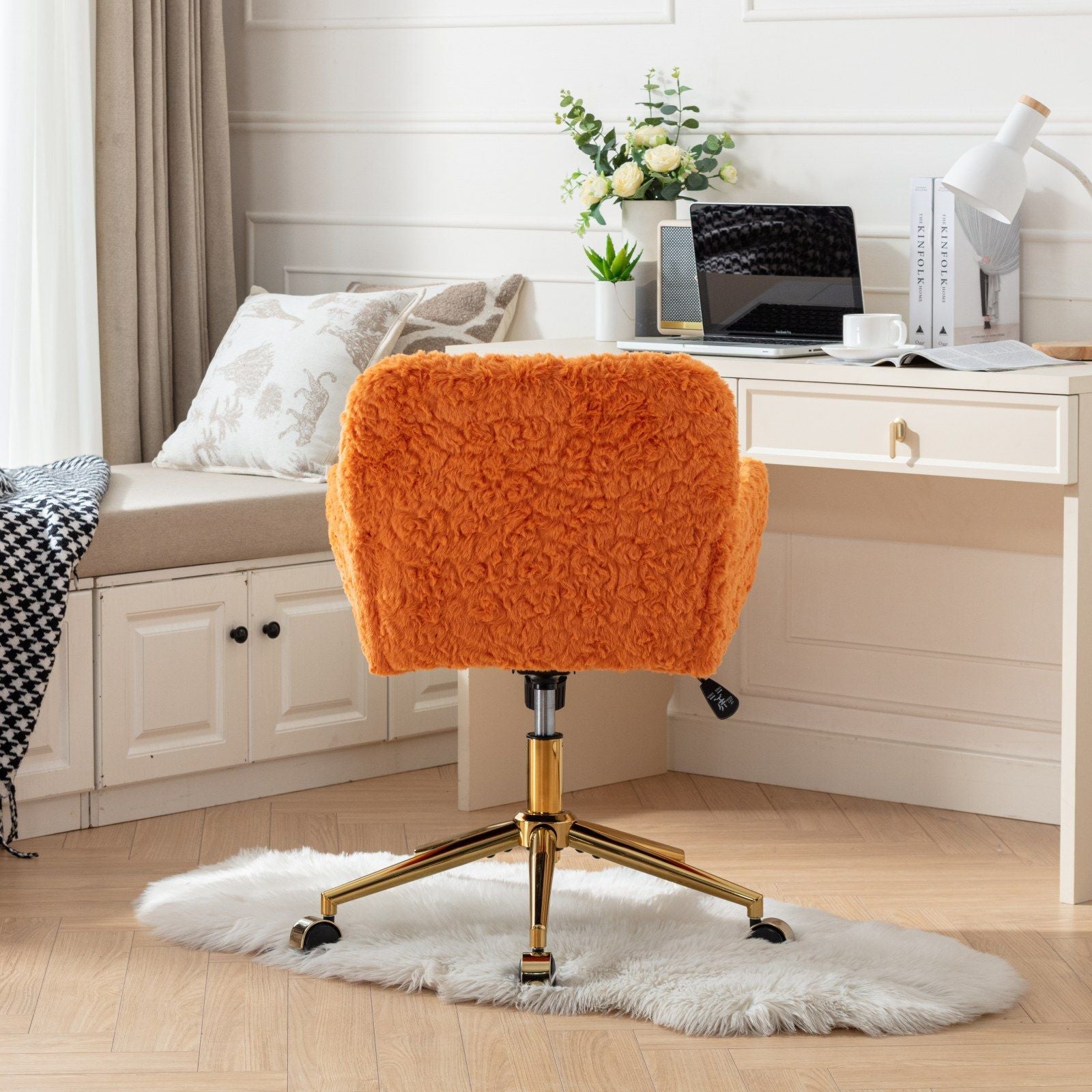 Office Chair, Artificial Rabbit Hair Home Office Chair With Metal Base, Adjustable Desk Chair Swivel Office Chair, Vanity Chair