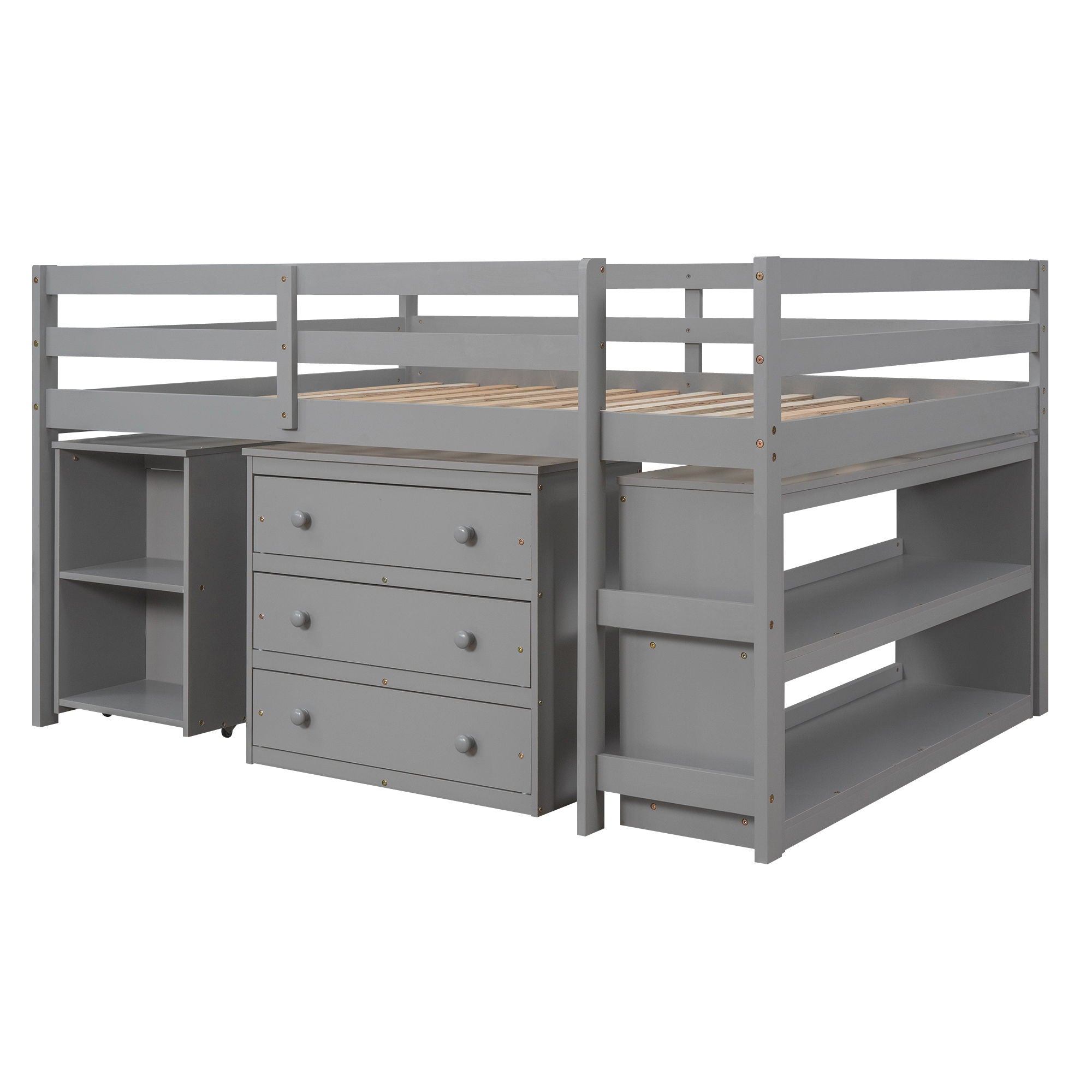 Loft Low Study Bed With Cabinet, Shelves And Rolling Portable Desk, Multiple Functions