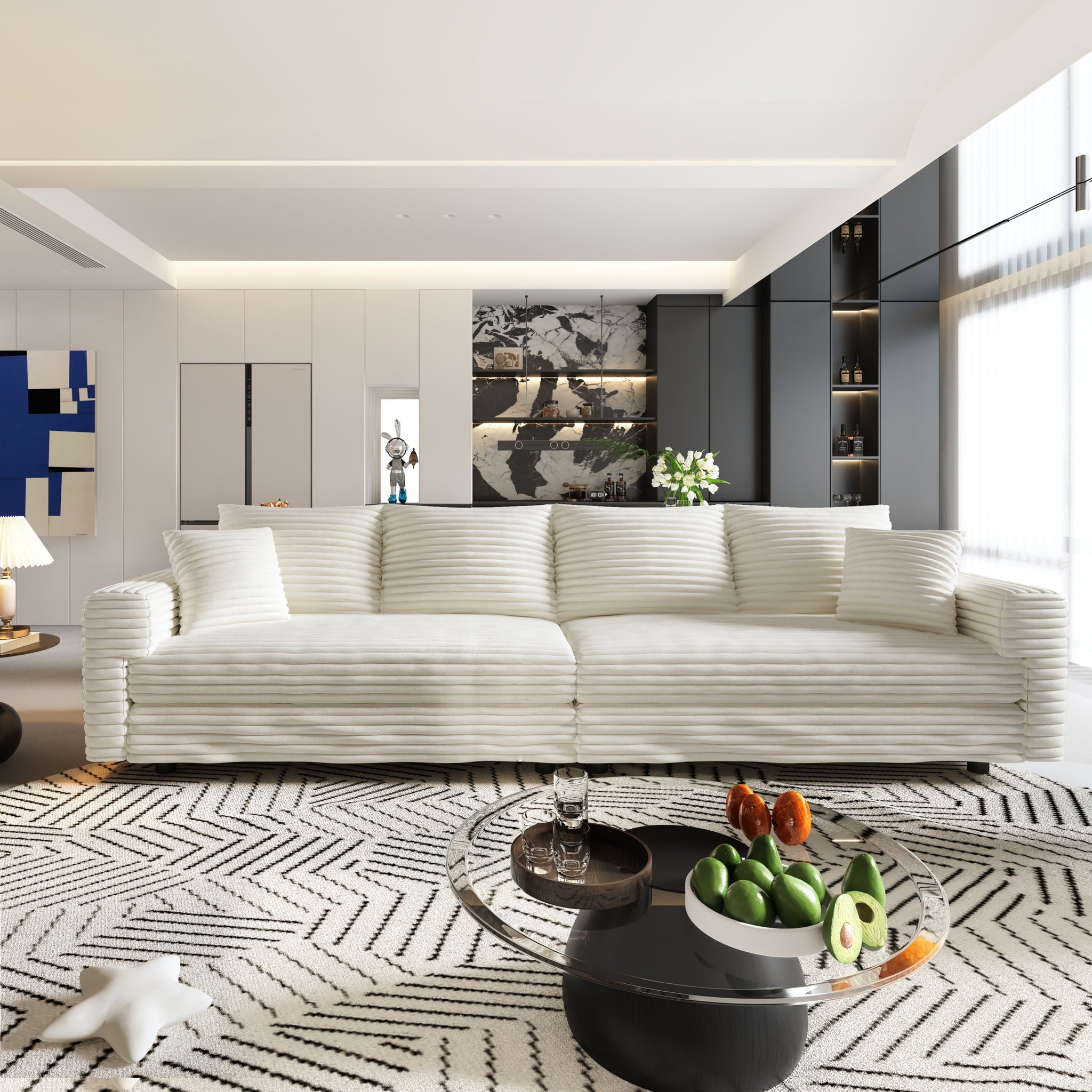 4 Seat Sofa With Soft Pillows And Movable Ottoman