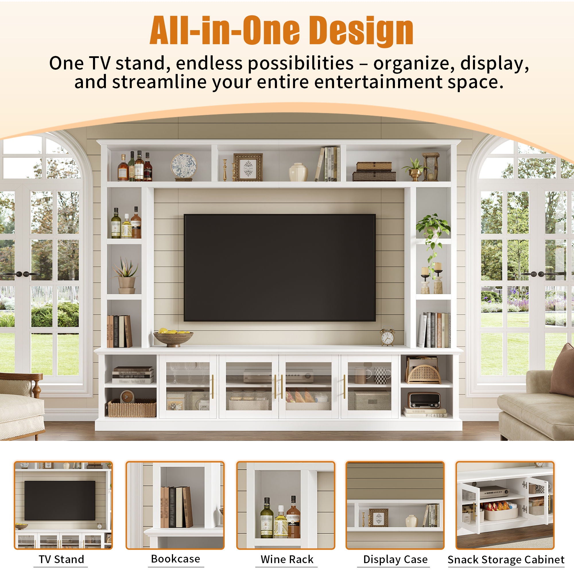All-In-One Entertainment Center With Bookshelves & Tempered Glass Doors, TV Console Unit For Living Room