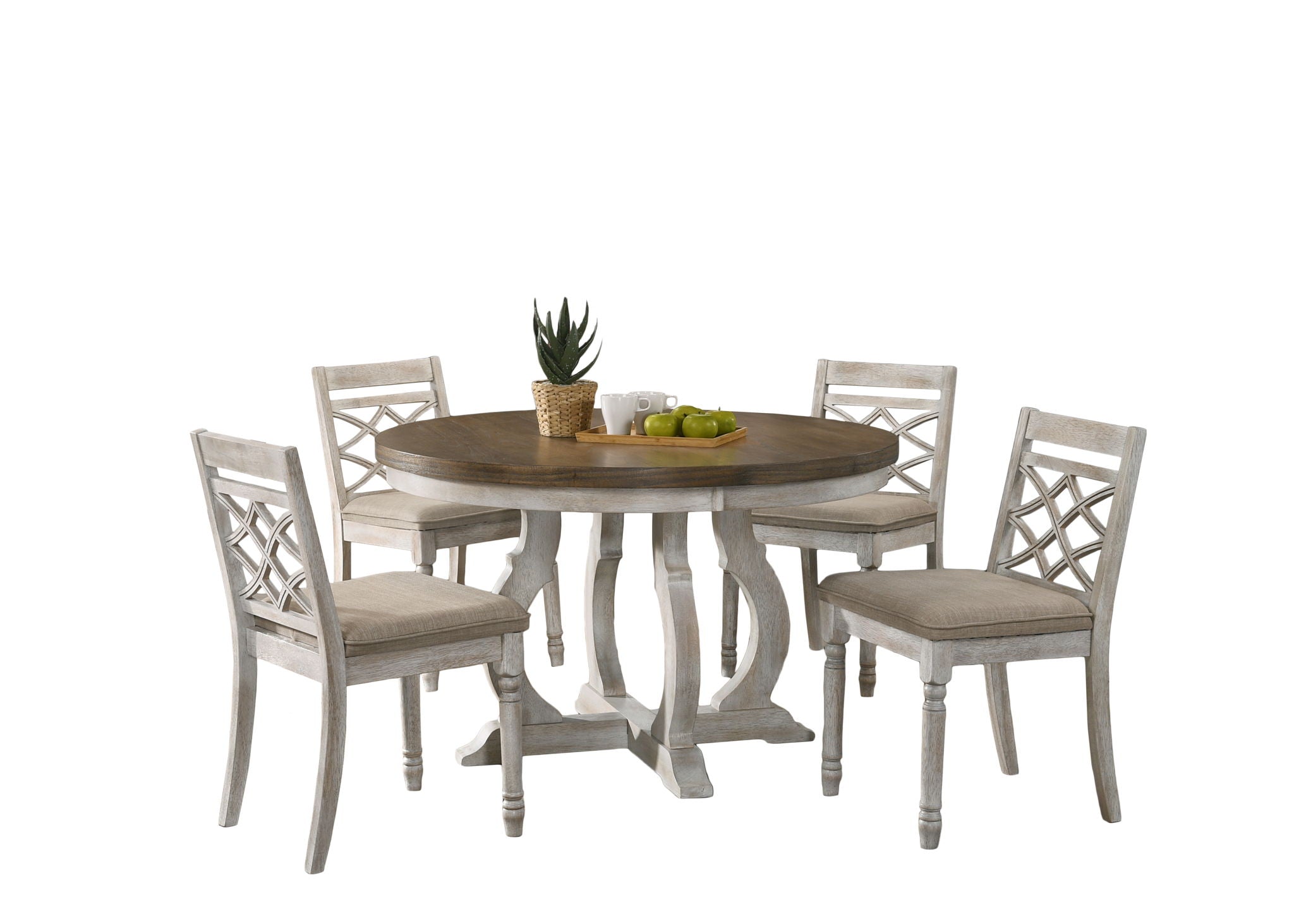 Havanna - 5 Piece Wide Round Dining Table With Off White Chairs (Set of 5) - Vintage Walnut