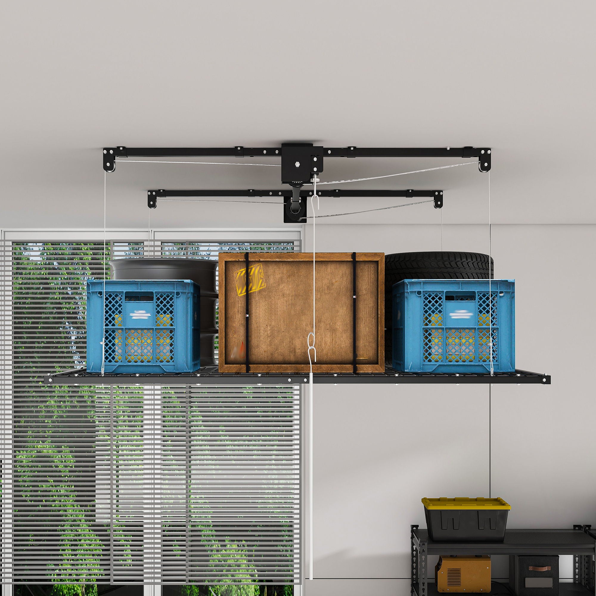 Overhead Garage Storage Rack For High Ceilings & Safety Lock - Black
