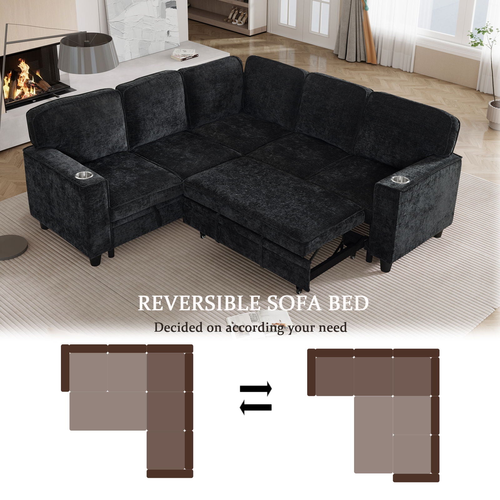 L-Shaped Sofa With Pull Out Sofa Bed With USB