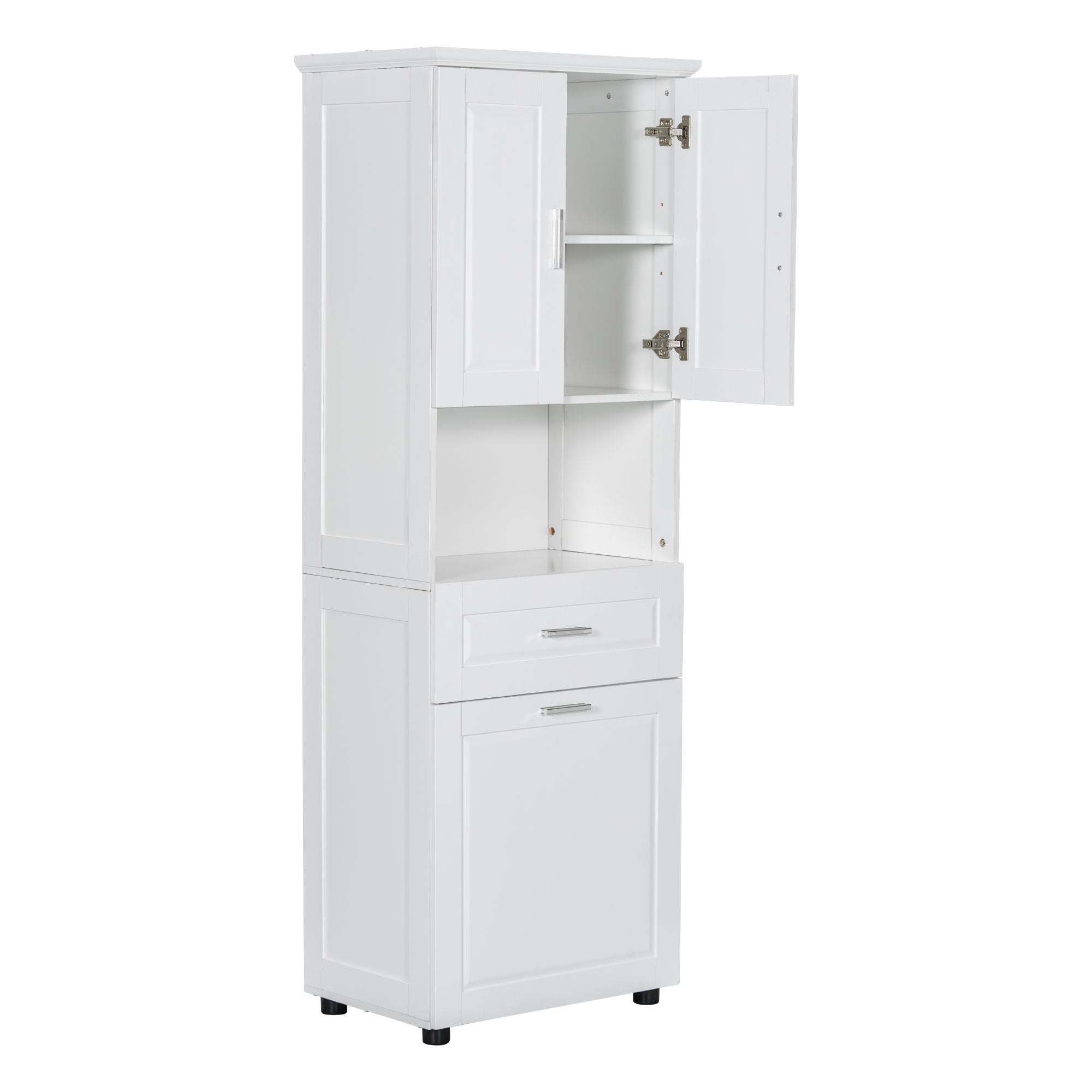 Tall Bathroom Cabinet With Tilt-Out Laundry Basket And Upper Storage