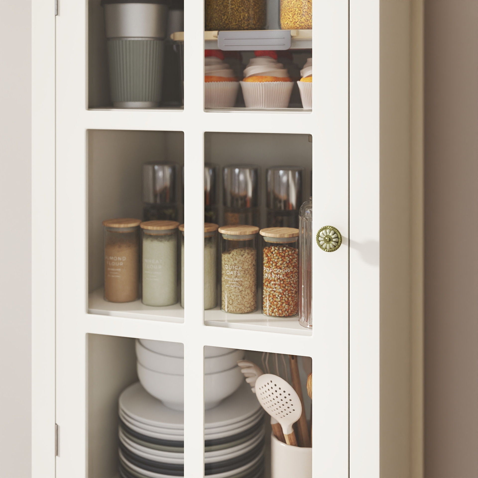 Minimalism Buffet Cabinet With Glass Doors And Double Drawer