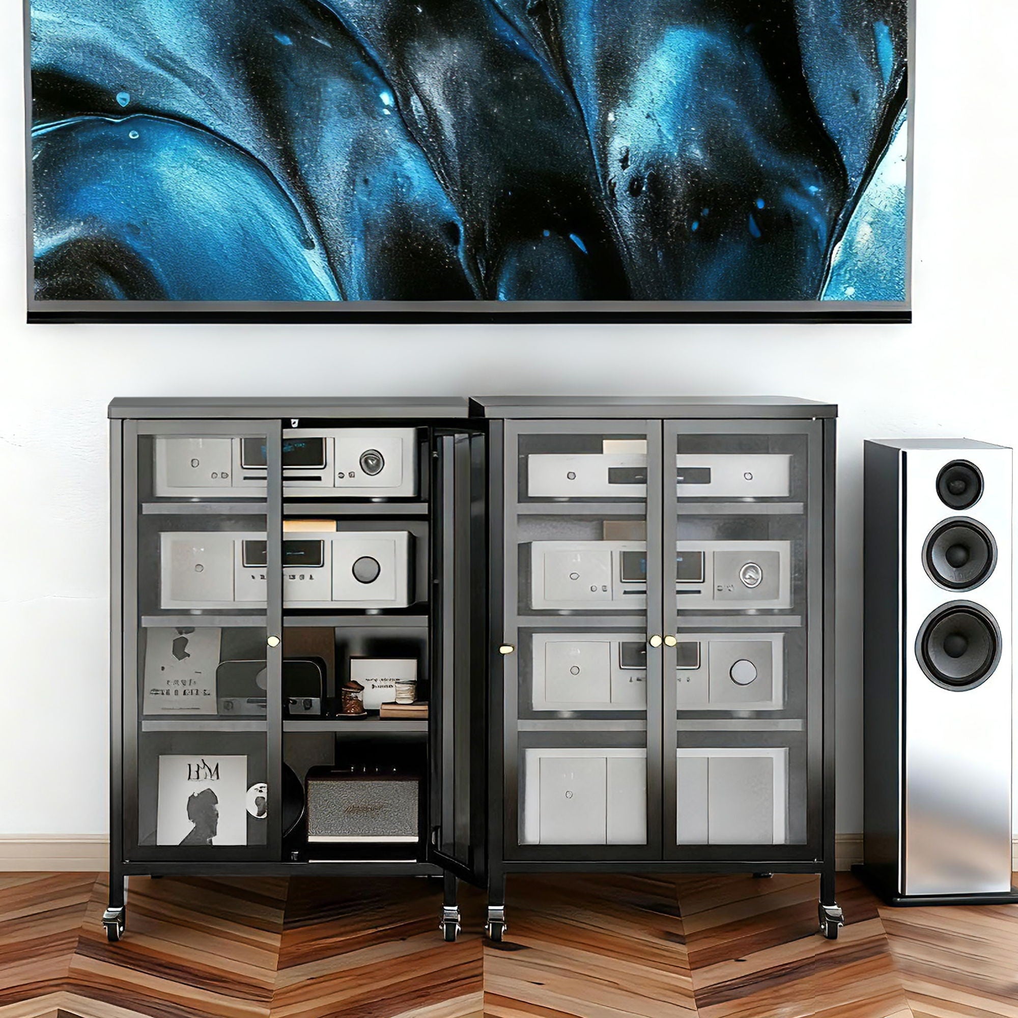 Media Storage Cabinet With Wheels, 4 Adjustable Glass Shelves & Door, Heavy-Duty - Black