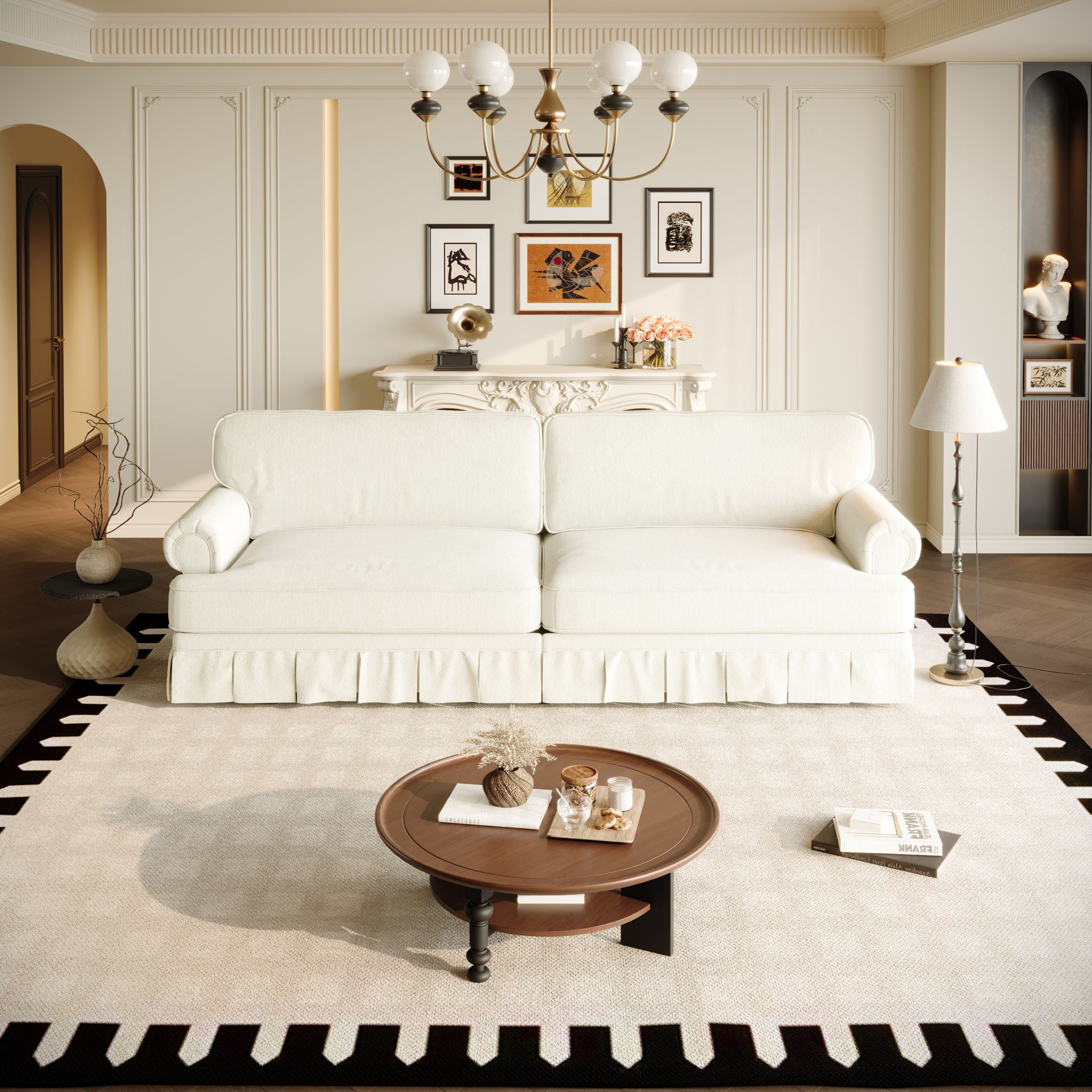 Luxuriously Comfortable Cloud Couch Sofa With Elegant Rolled Arms & Pleated Skirt Design