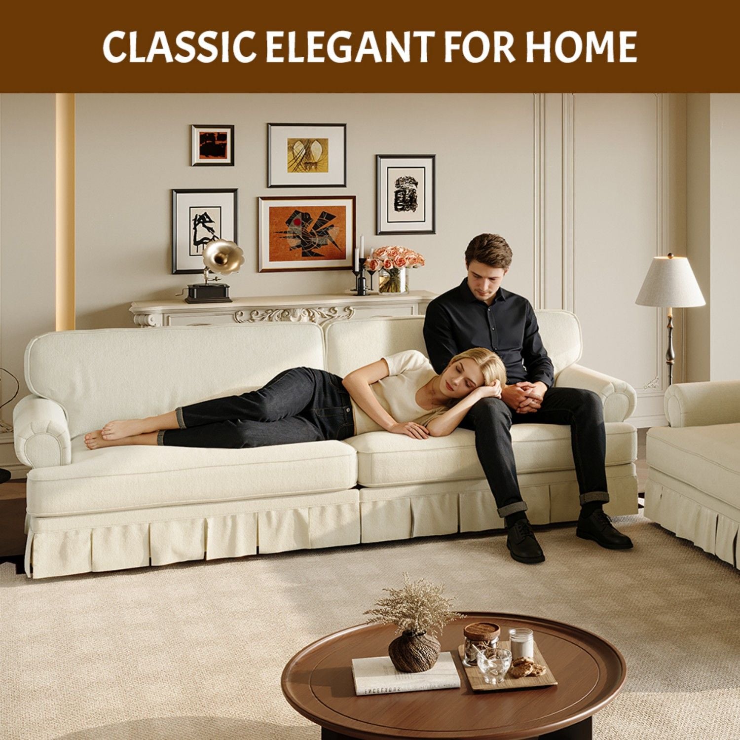 Luxuriously Comfortable Cloud Couch Sofa With Elegant Rolled Arms & Pleated Skirt Design