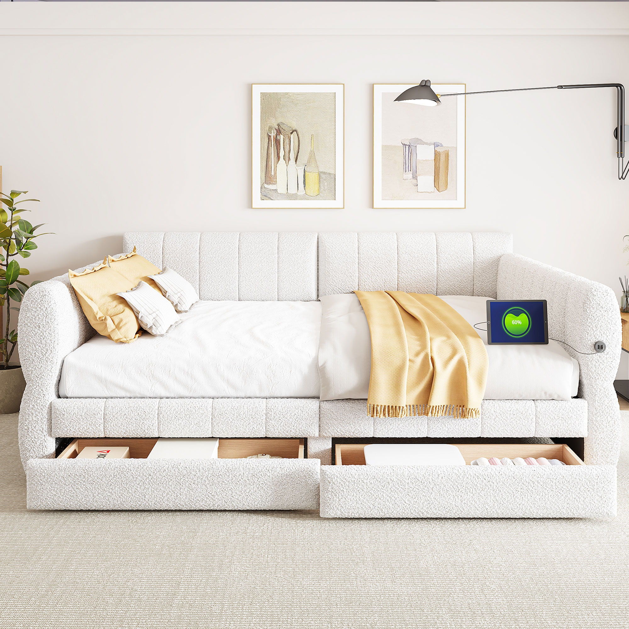 Queen Upholstered Platform Bed With USB Charging And 2 Storage Drawers - White
