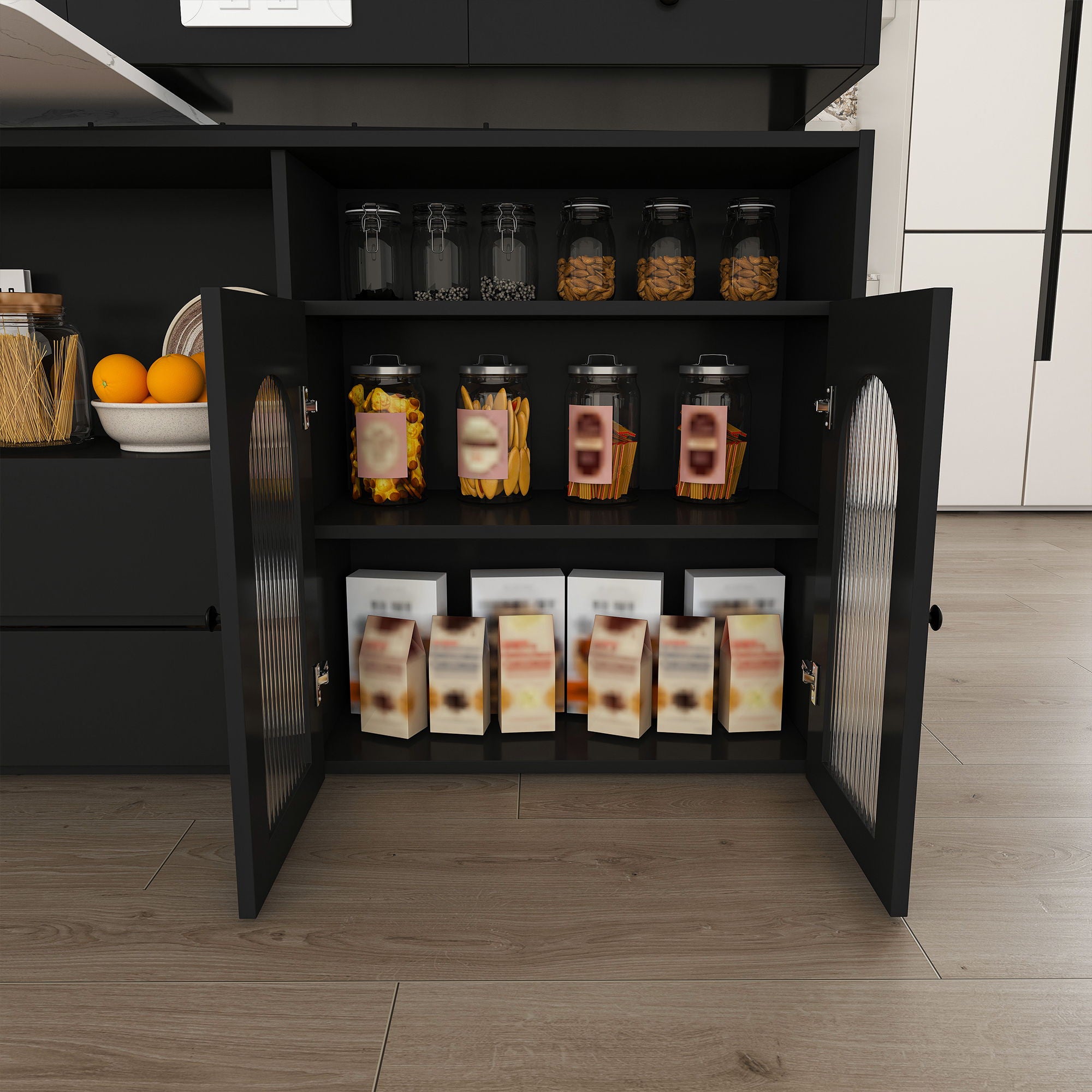 Retro Kitchen Island Set With Chairs, Extendable & Rotating Table, 4 Drawers & Door Cabinets