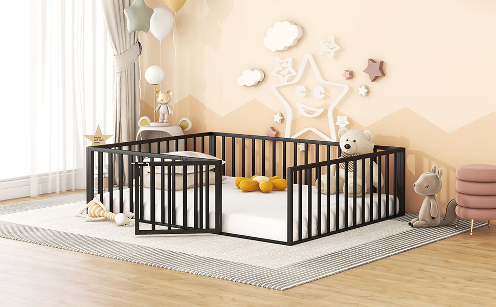 Metal Floor Bed Frame With Fence And Door