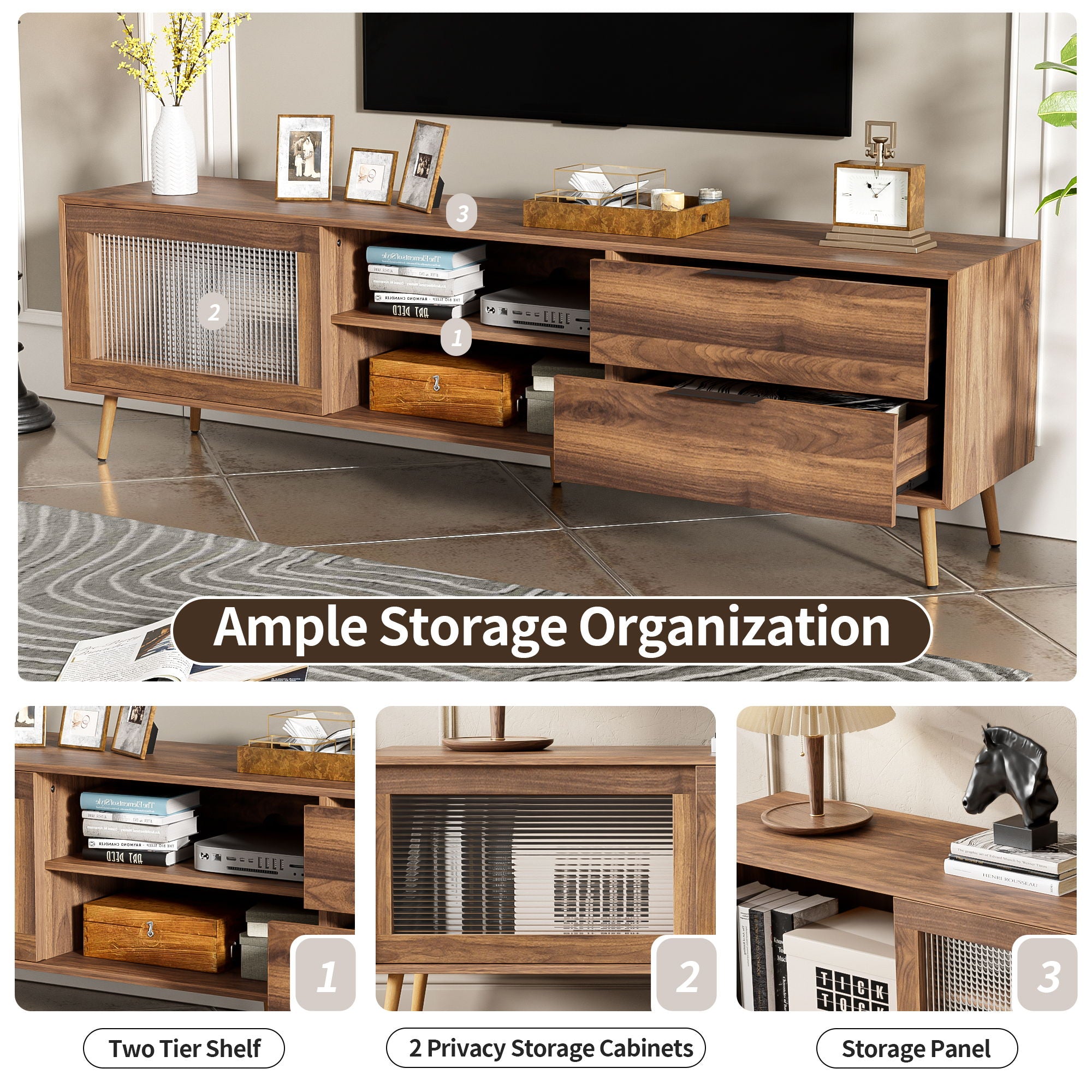TV Stand, Media Console With 2 Doors, 2 Drawers & Storage Cabinet - Walnut