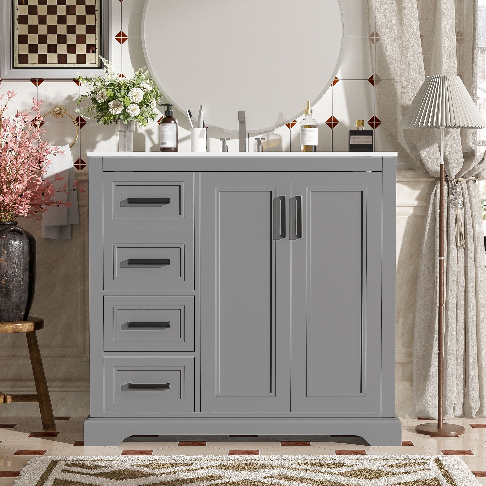 Bathroom Vanity With Sink, Soft Close Doors, Adjustable Shelf & 3 Drawers