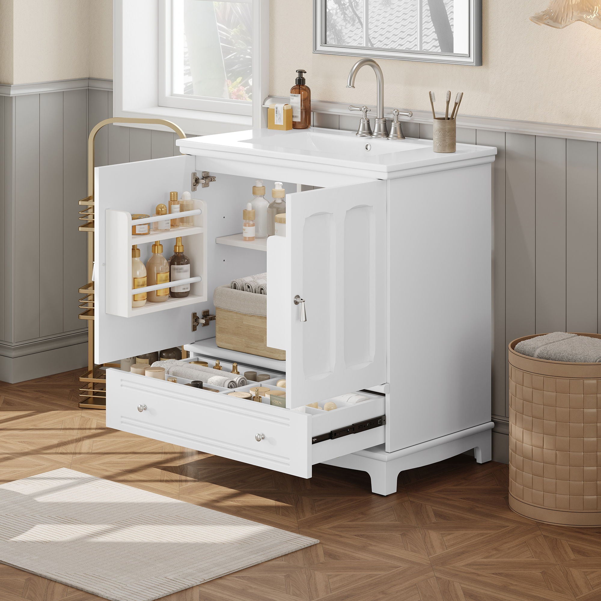 Bathroom Vanity With Sink, Cabinet With Adjustable Shelf And Drawer Divider