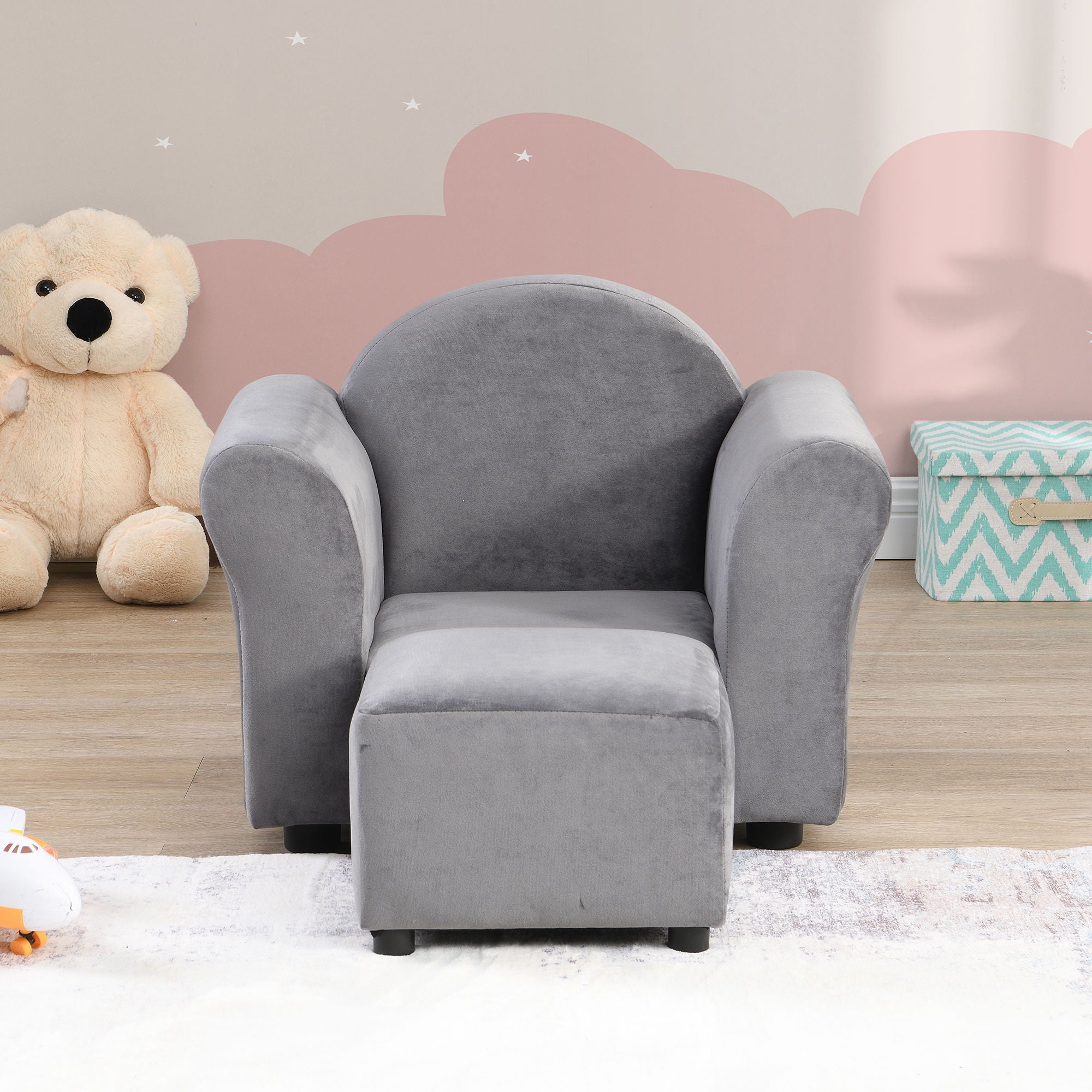 Kids Velvet Upholstered Chair With Ottoman For Comfortable Seating - Gray