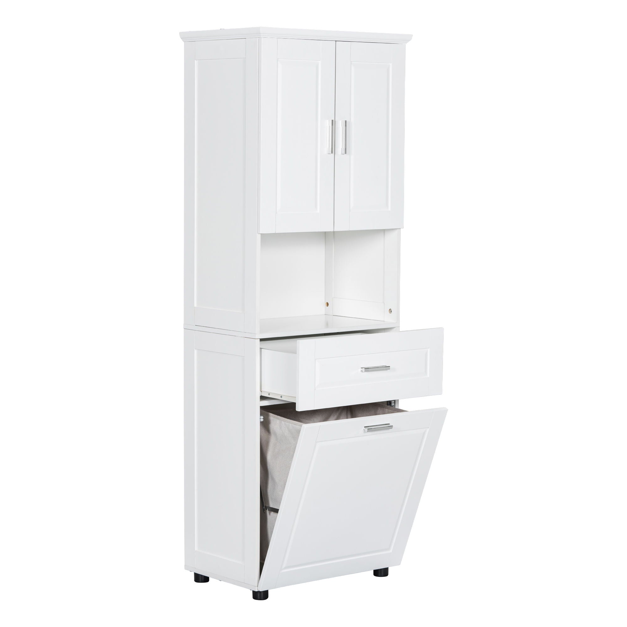 Tall Bathroom Cabinet With Tilt-Out Laundry Basket And Upper Storage
