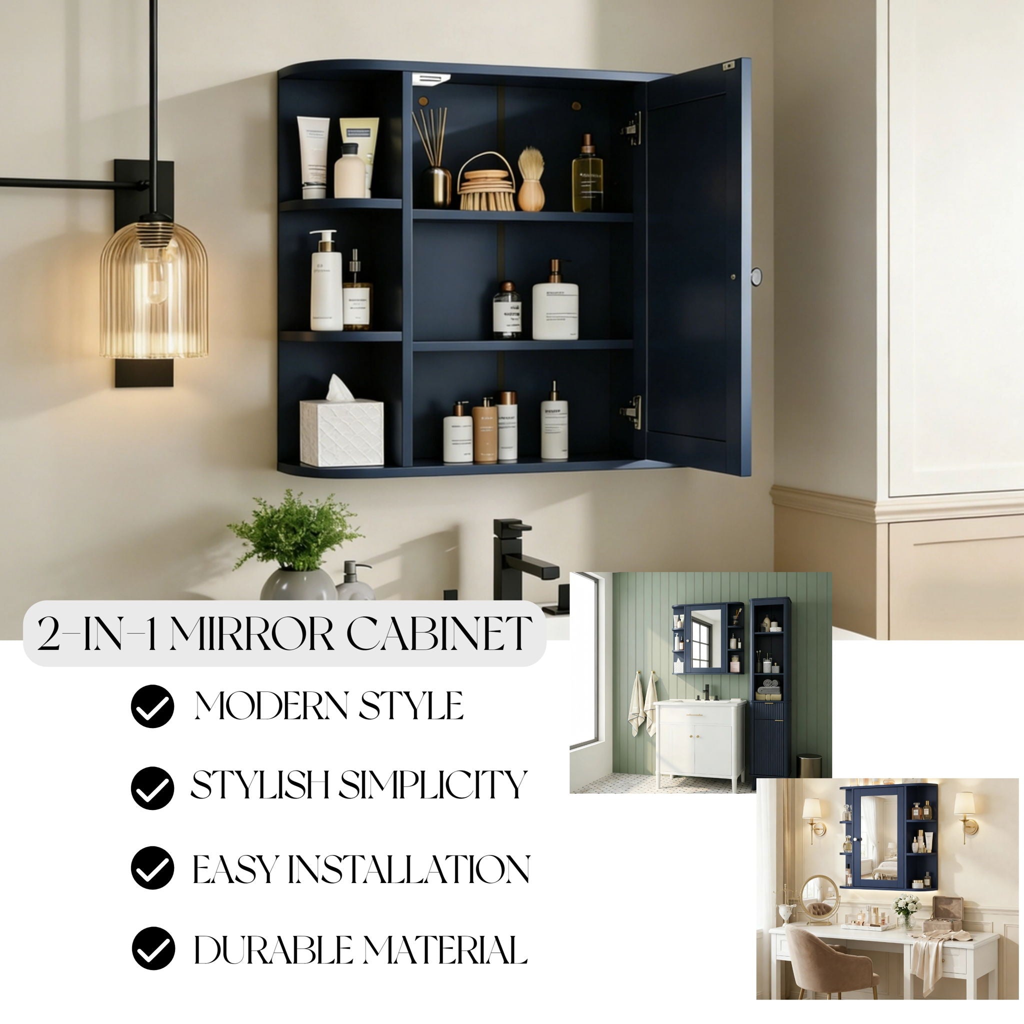 Bathroom Wall Storage Cabinet With Mirror And Adjustable Shelf, 6 Open Shelves