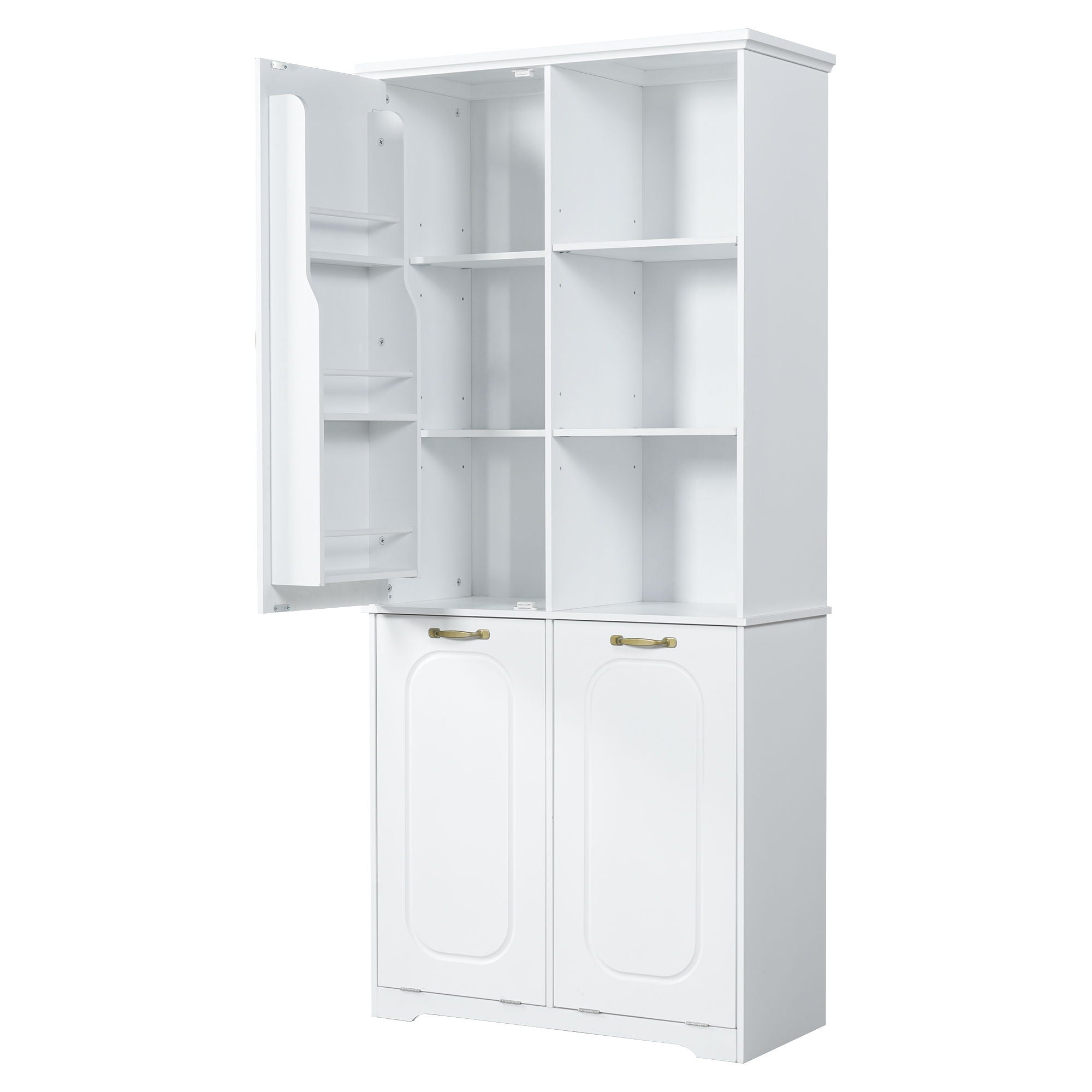 Freestanding Tall Storage Cabinet With 2 Tilt Out Hampers, Adjustable Shelves, Soft Close Door, Door Mounted Organizer - White