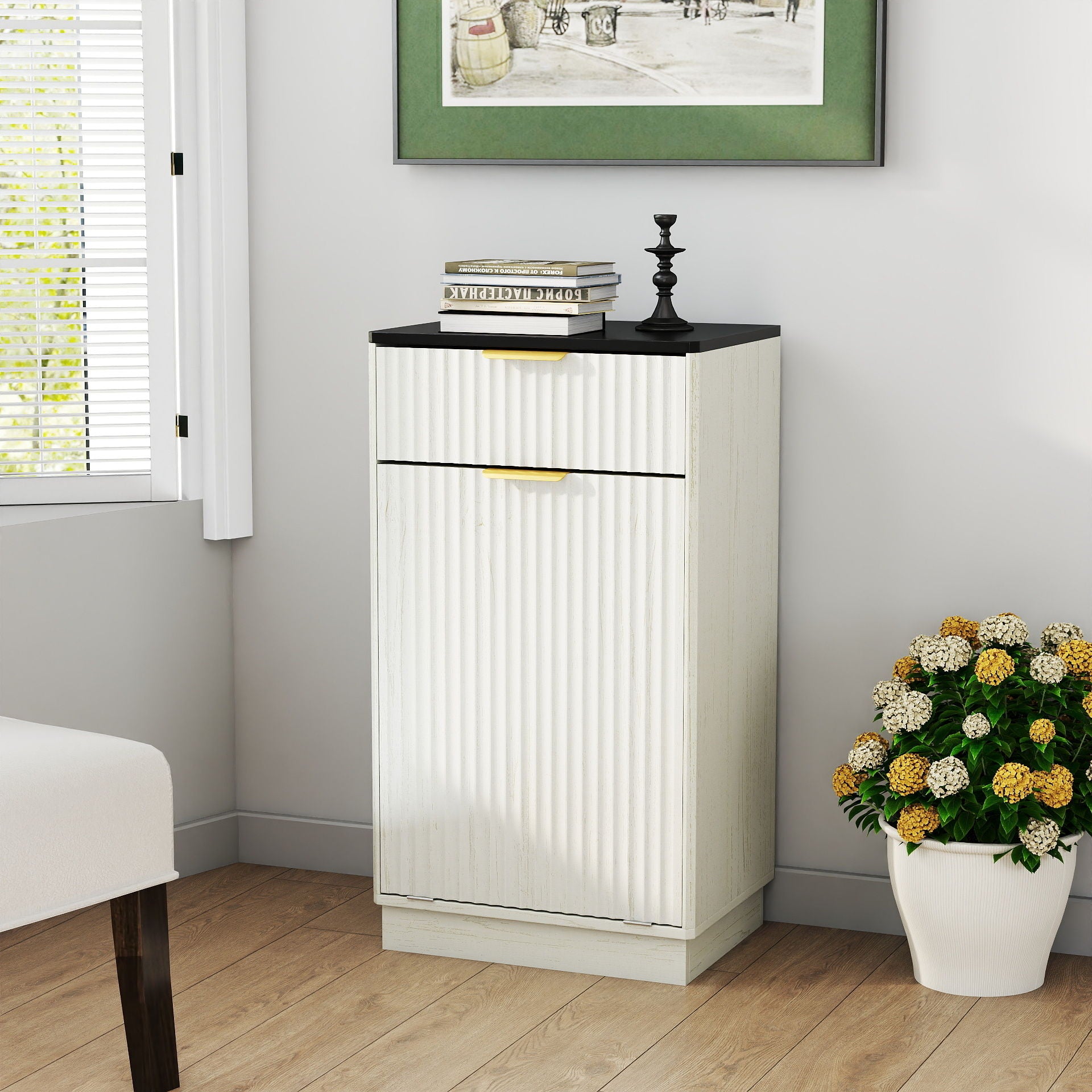 Tilt Out Trash Can Cabinet With Wave Textured Drawer & Pull Out Bin