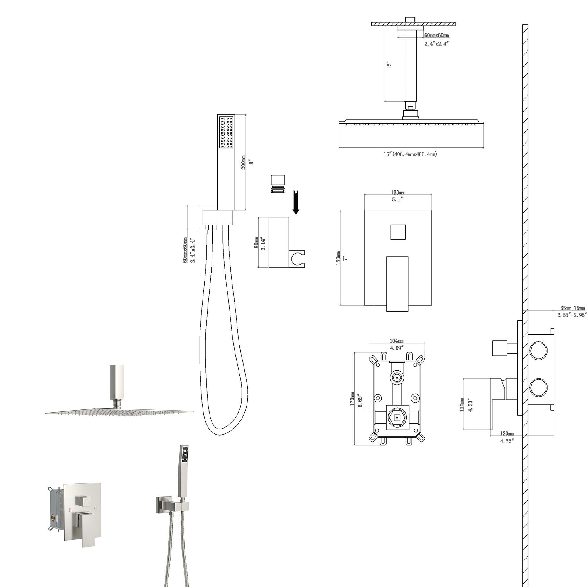 Dual Shower Head 16" Ceiling Mount Square Shower System With Rough In Valve