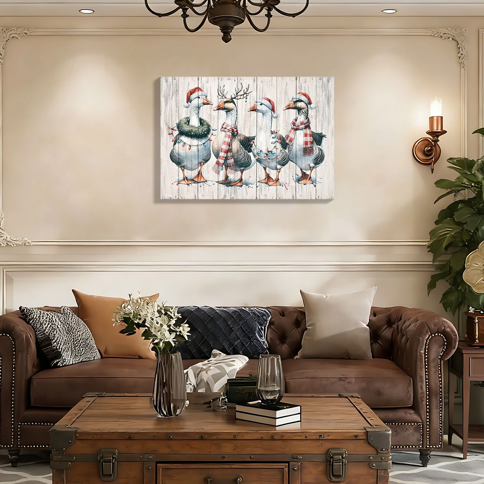 Framed Vintage Duck Wall Art Print, Christmas With Ornaments Watercolor Canvas Poster Wall Decor - Red Buffalo Check