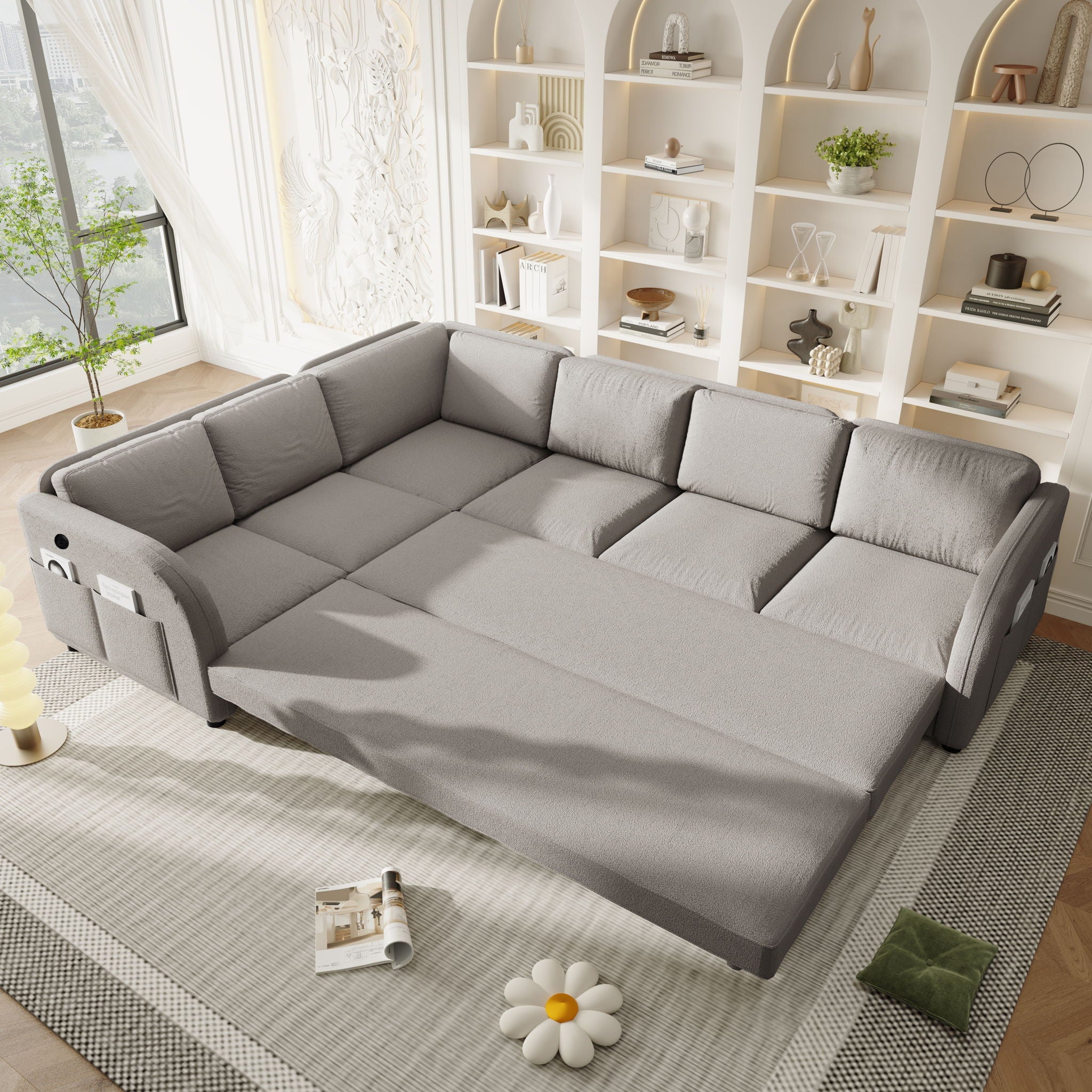 L-Shaped Couch With Pull-Out Bed, Convertible Sleeper Sofa With Side Pocket & USB Port