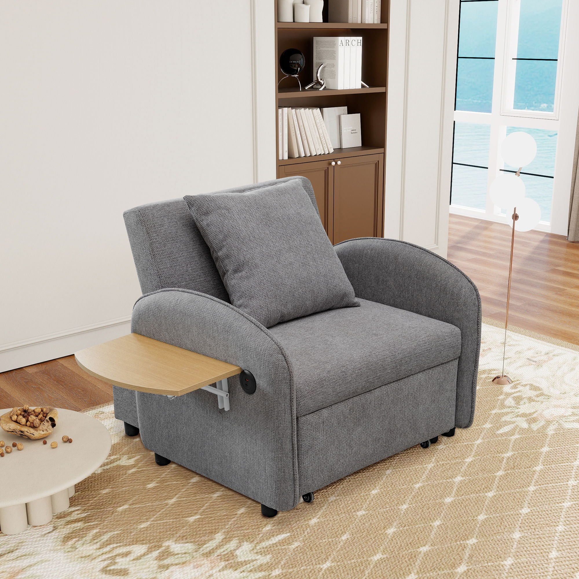 Convertible Single Chair Bed 3 In 1 Sofa With Computer Board And USB Ports - Gray