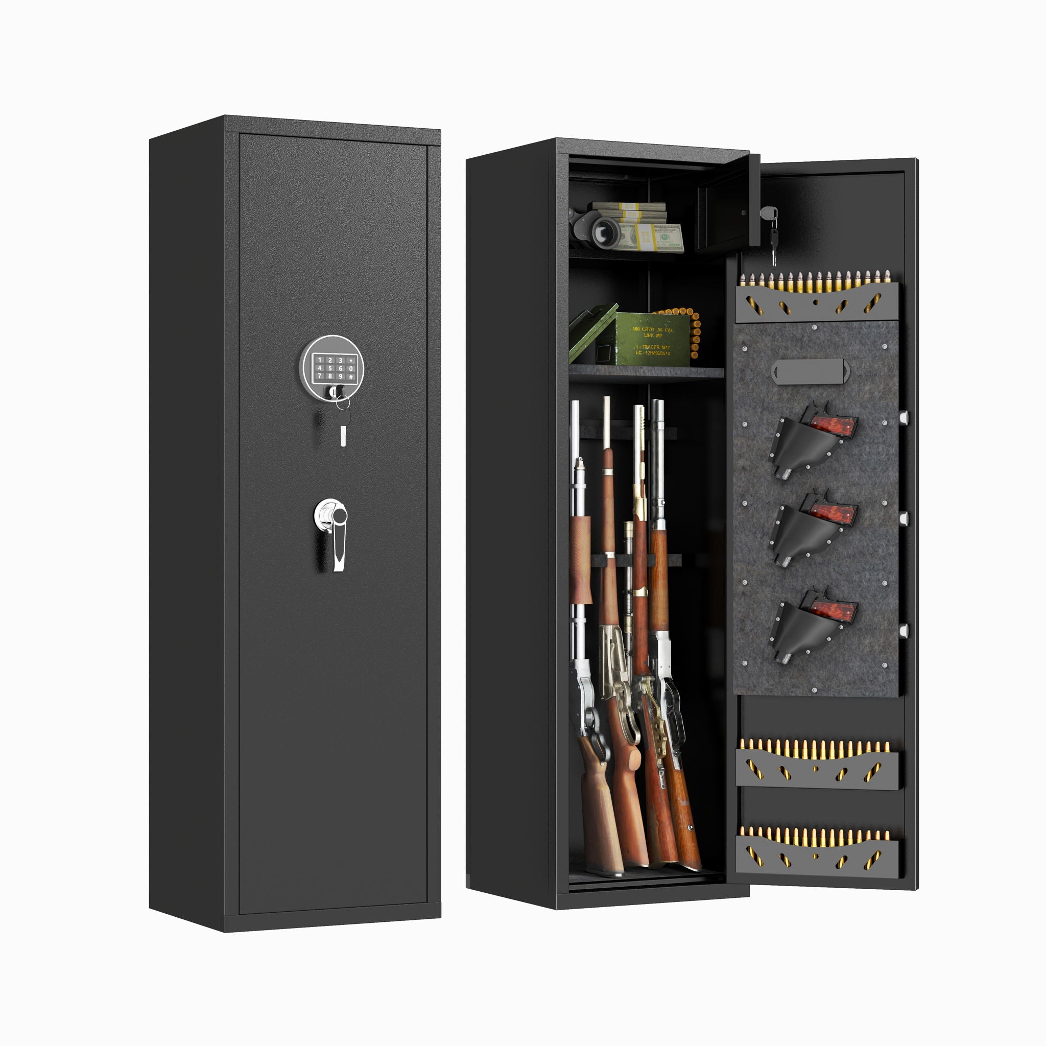 High Large Capacity Mechanical Gun Safe For Rifles & Handguns, Digital Password Lock, Built In Independent Lock Box, Adjustable Shelves - Black