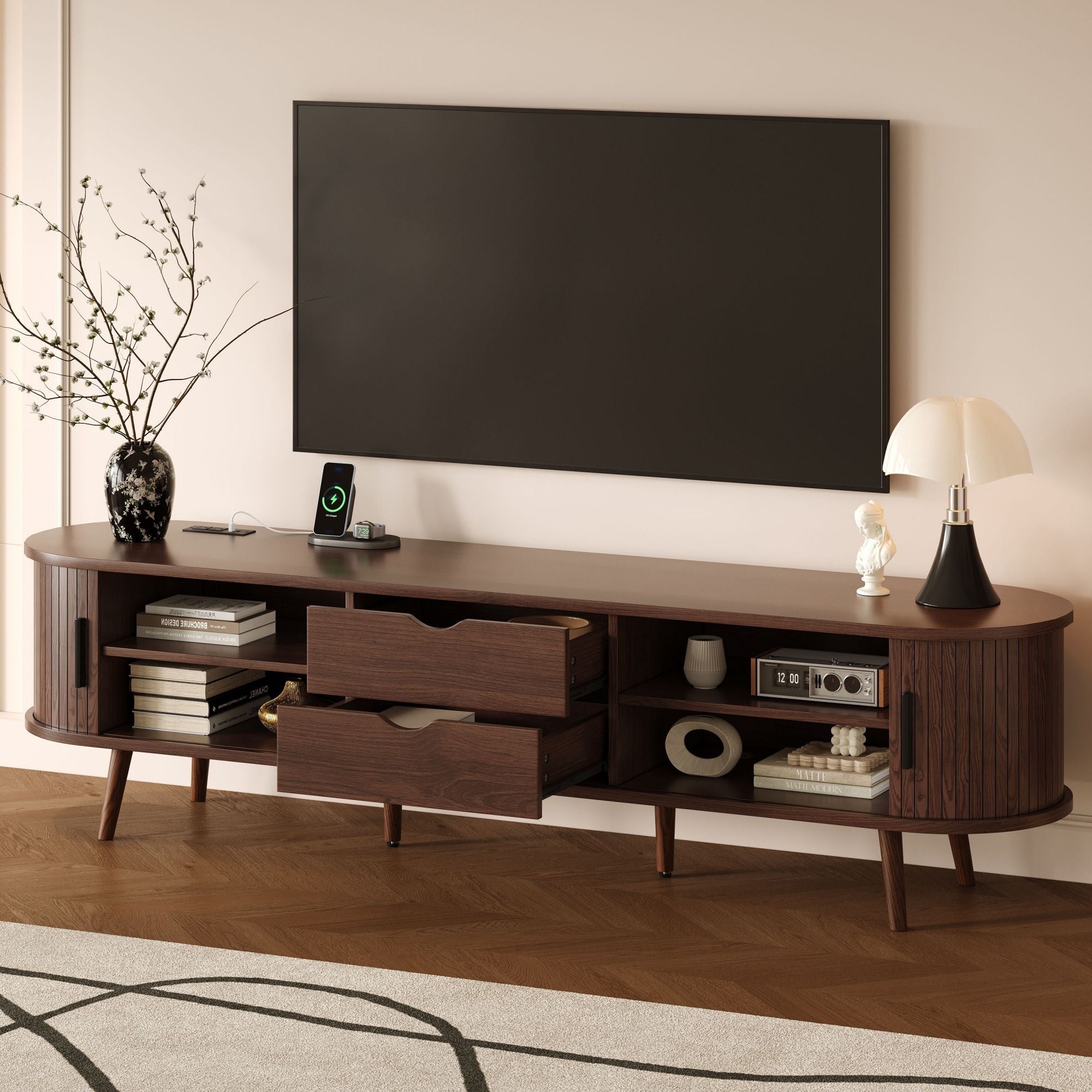 TV Stand For 70" TV, Console With Tambour Doors, Drawers And Built In Power Outlet - Dark Brown