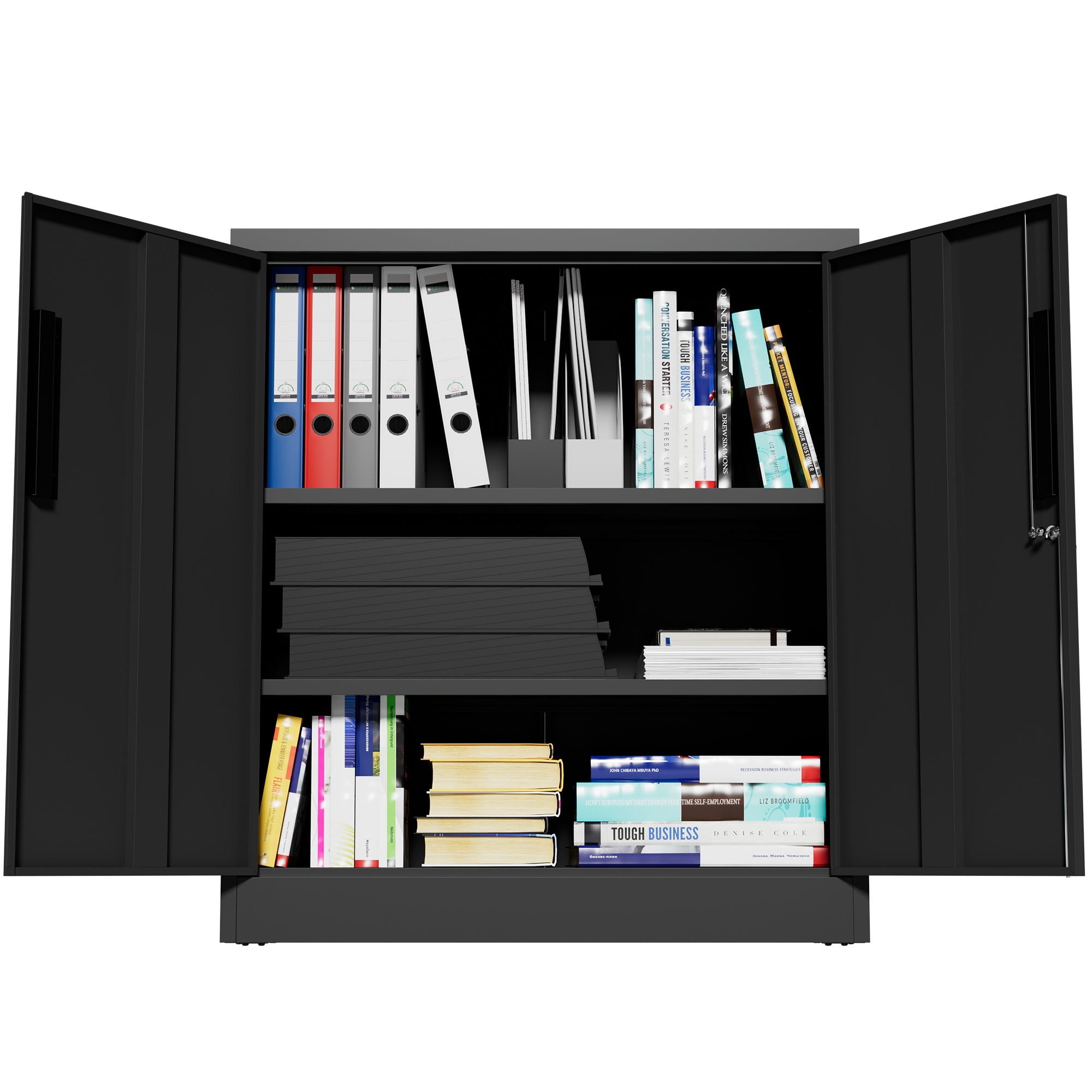 Heavy Duty Storage Cabinet With Lock, 2 Door File Cabinet With 2 Adjustable Shelves - Black