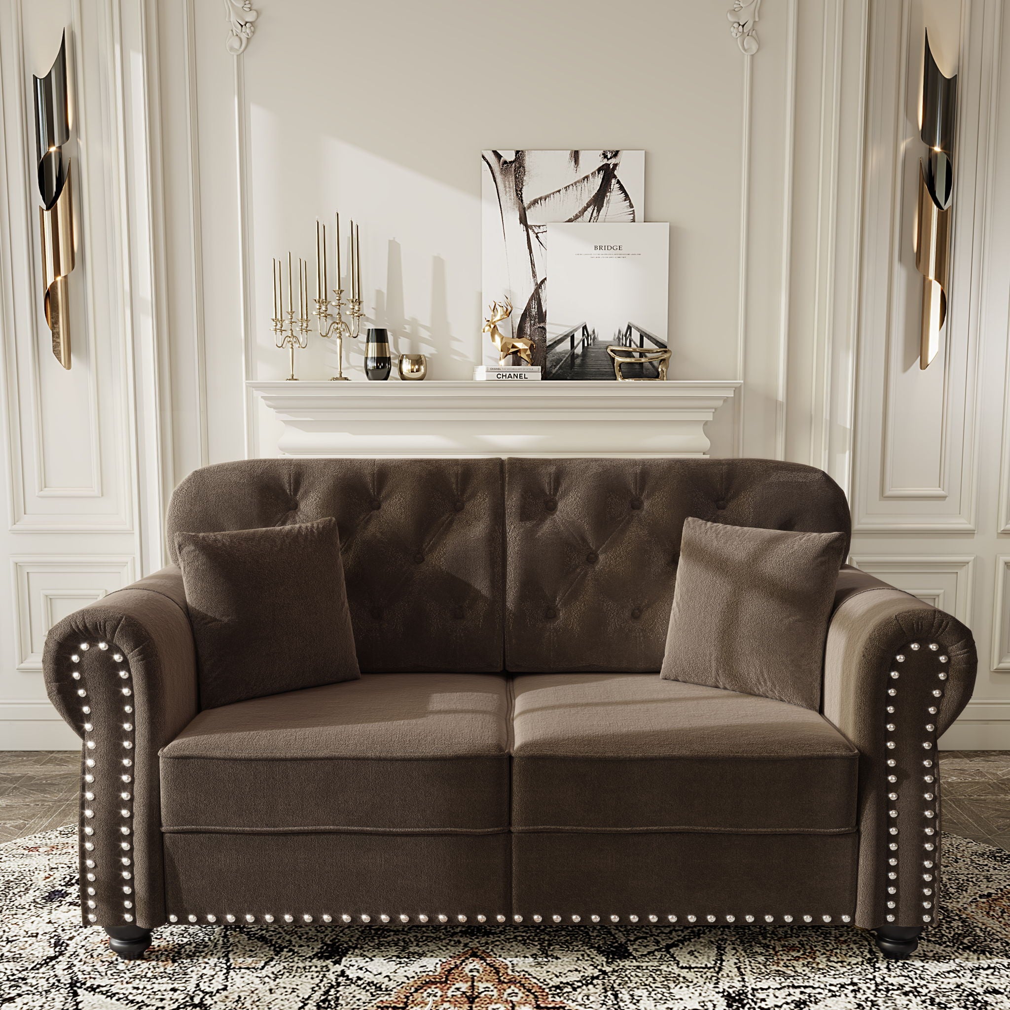 Upholstered Sofa Set With Nailhead Trim And Rolled Armrests, Includes Pillows