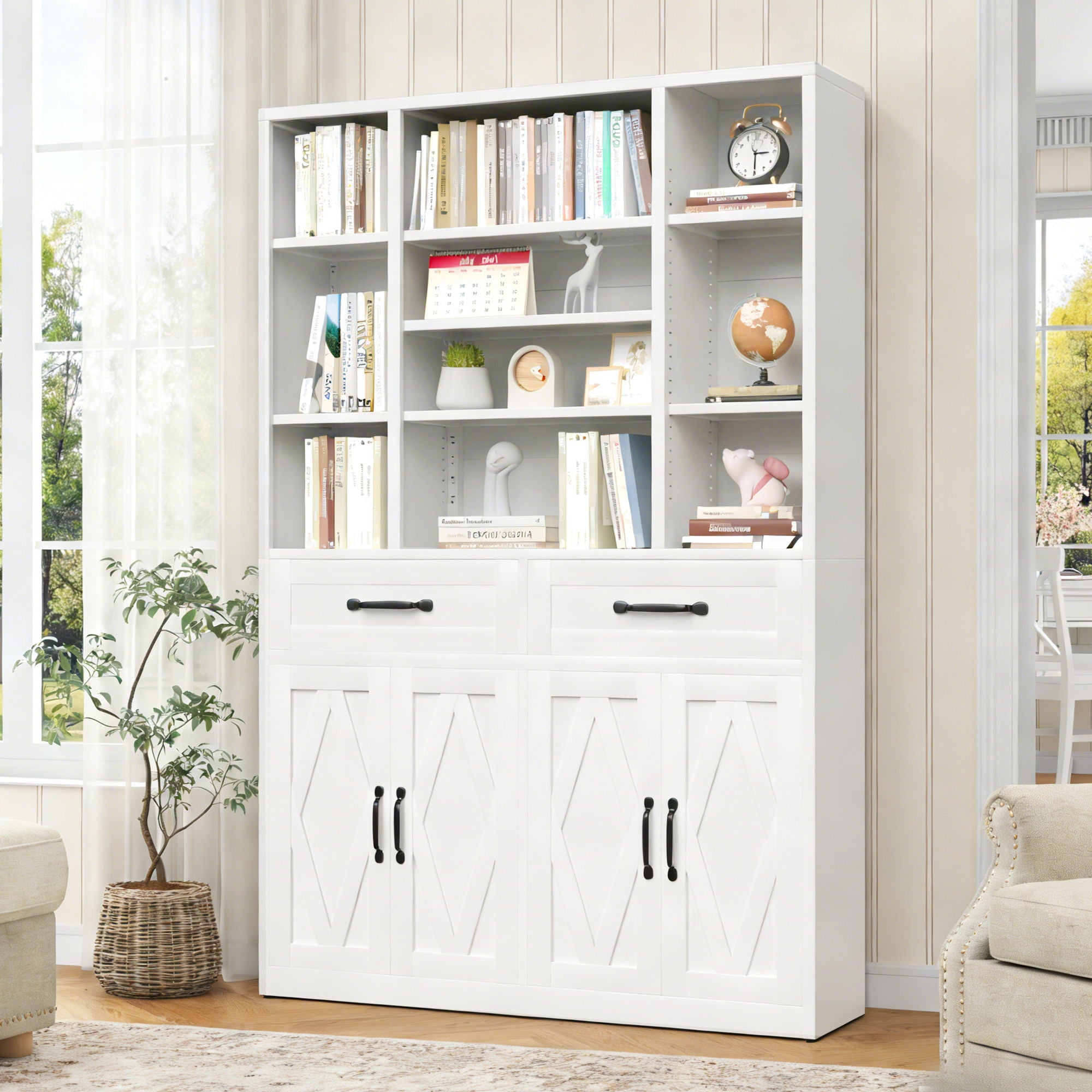 Industrial Bookcase Tall With Adjustable Shelves, Drawers & Doors