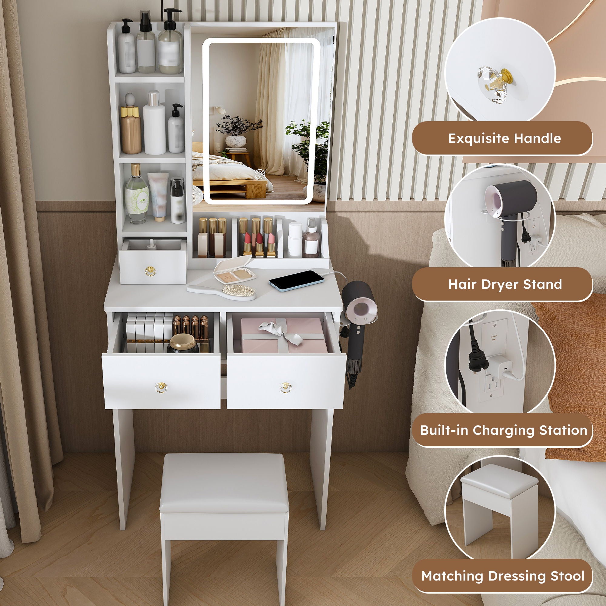 Modern Small Vanity Desk With 3 LED Lighting Modes, 3 Drawers