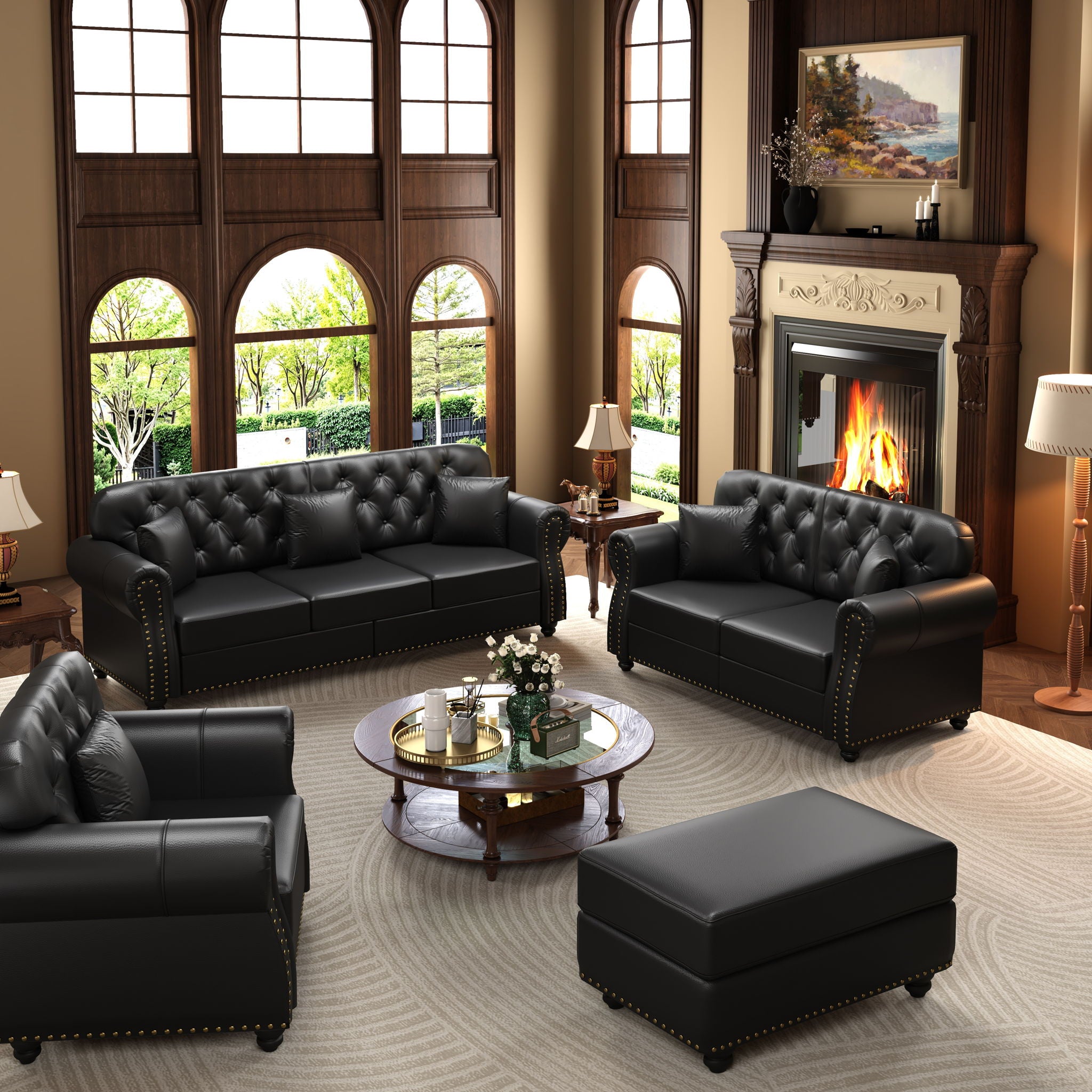 Upholstered Sofa With Nailhead Trim, Rolled Armrests With Ottoman