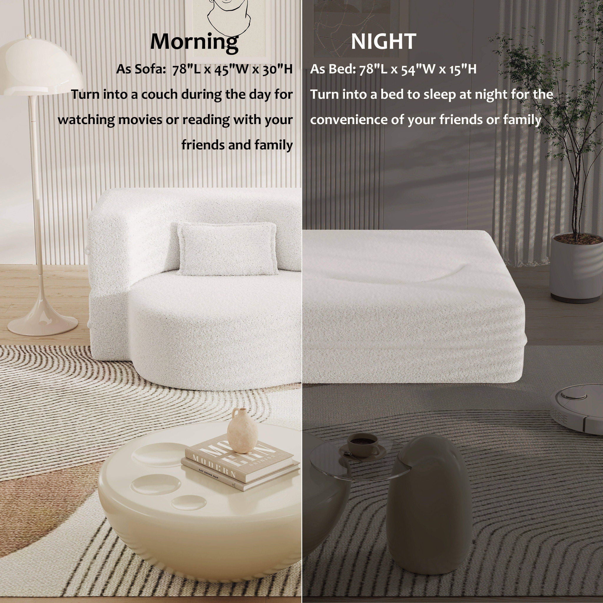 Modern Floor Sofa, With 2 Pillows, Convertible Teddy Fabric Foam Filled Bed