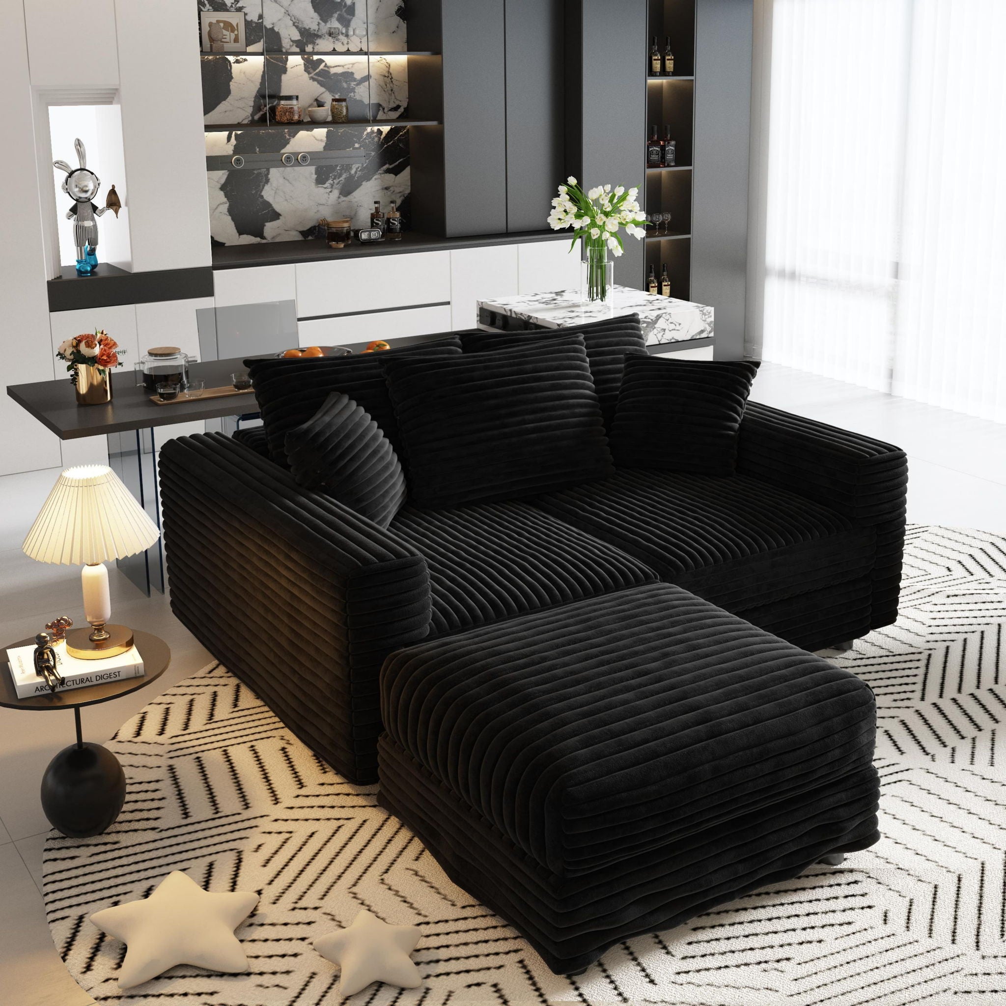 Deep Seat Convertible Sofa With Soft Pillows And Ottomans
